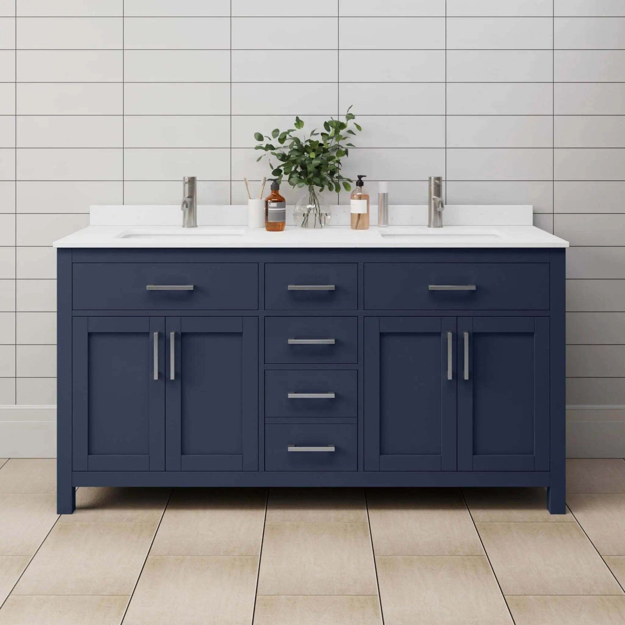 66" Beckett Double Bathroom Vanity in Dark Blue with Brushed Nickel Trim by Wyndham
