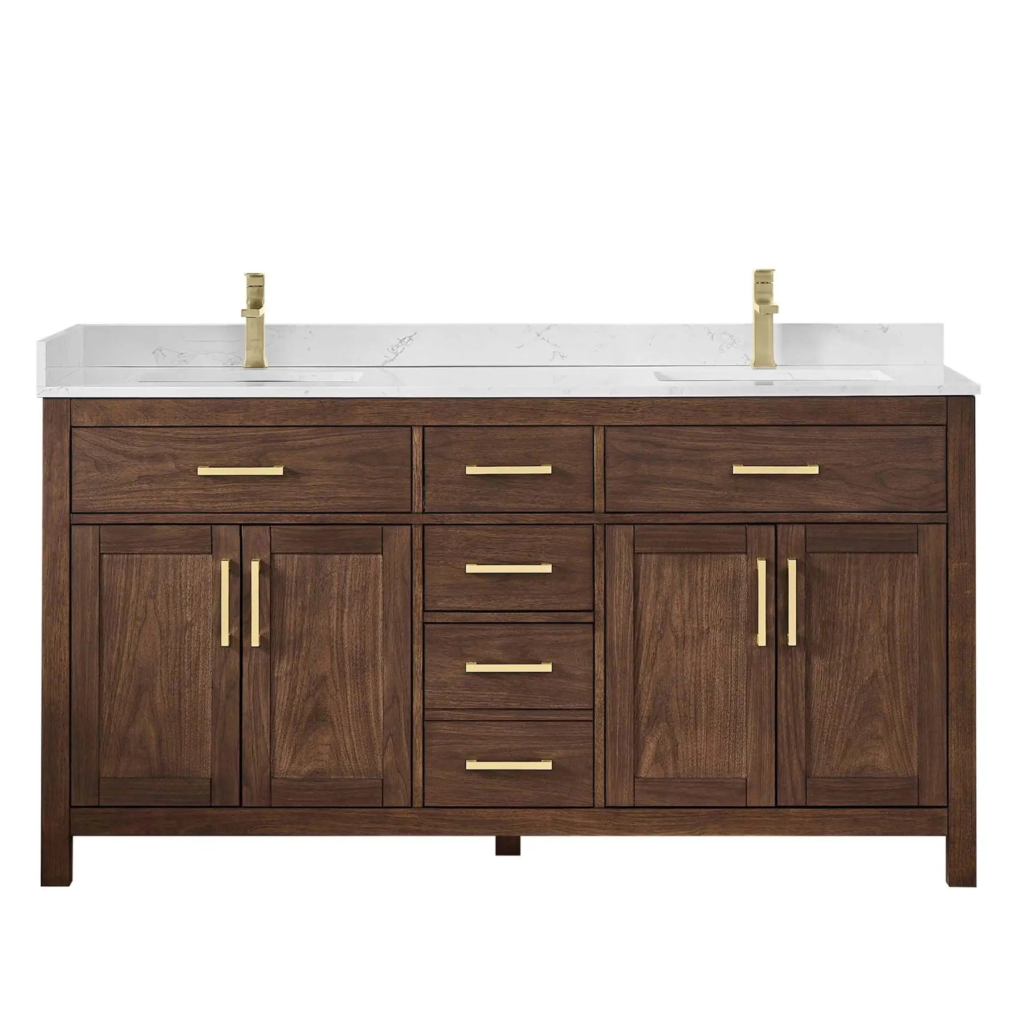 66" Beckett Double Bathroom Vanity in Dark Walnut with Brushed Gold Trim by Wyndham