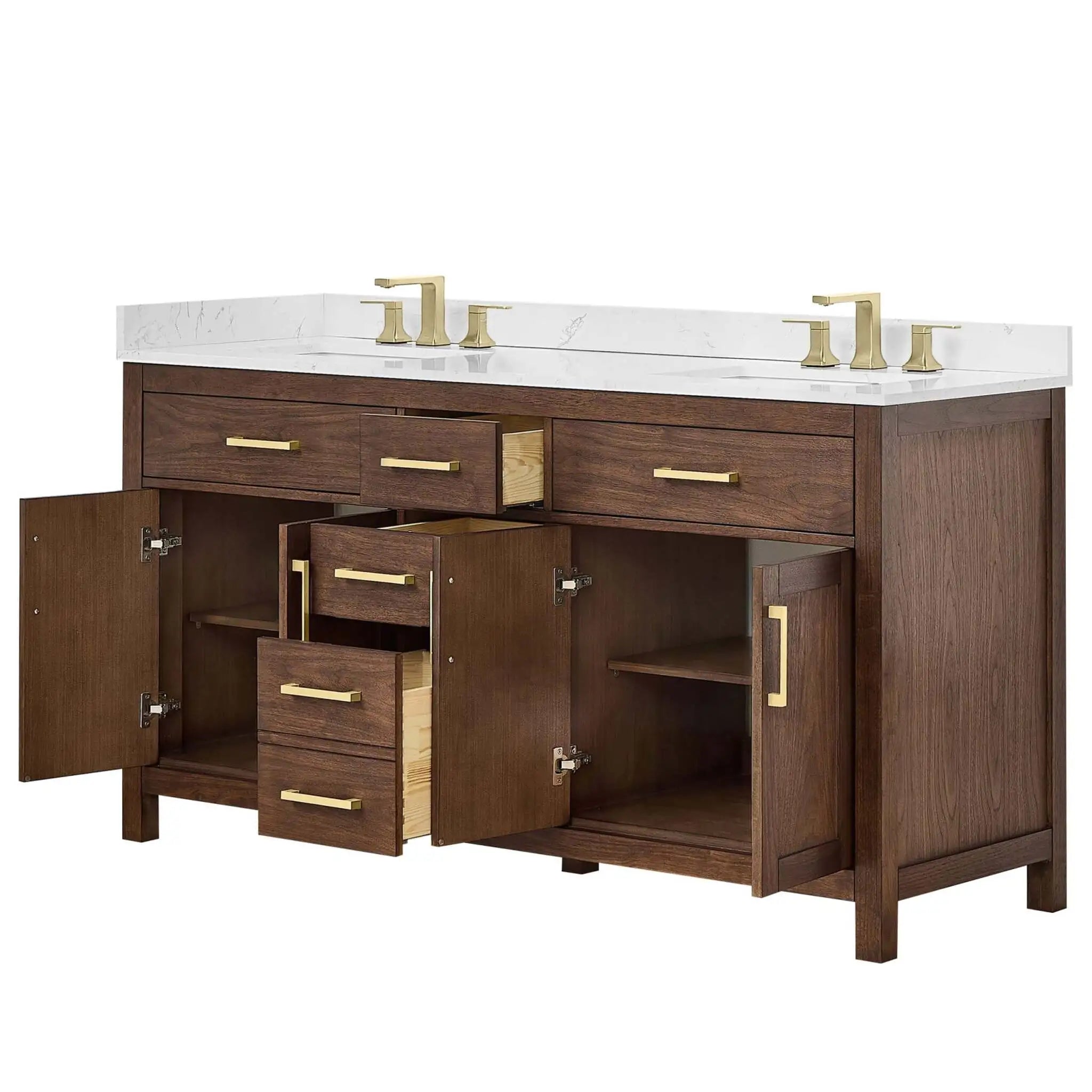 66" Beckett Double Bathroom Vanity in Dark Walnut with Brushed Gold Trim by Wyndham