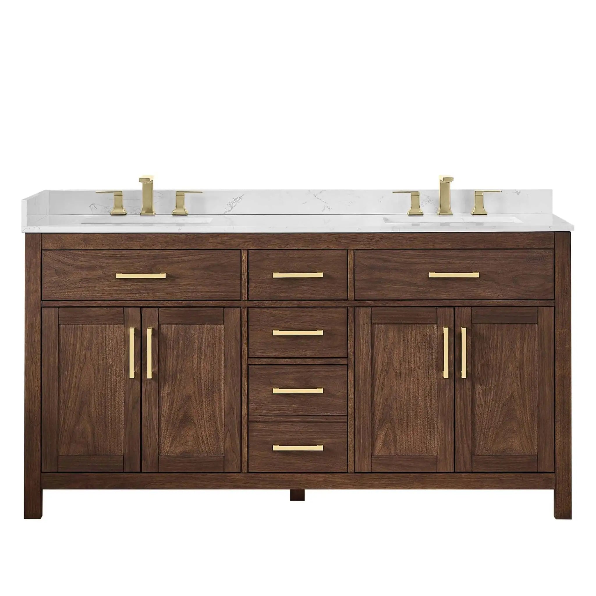 66" Beckett Double Bathroom Vanity in Dark Walnut with Brushed Gold Trim by Wyndham