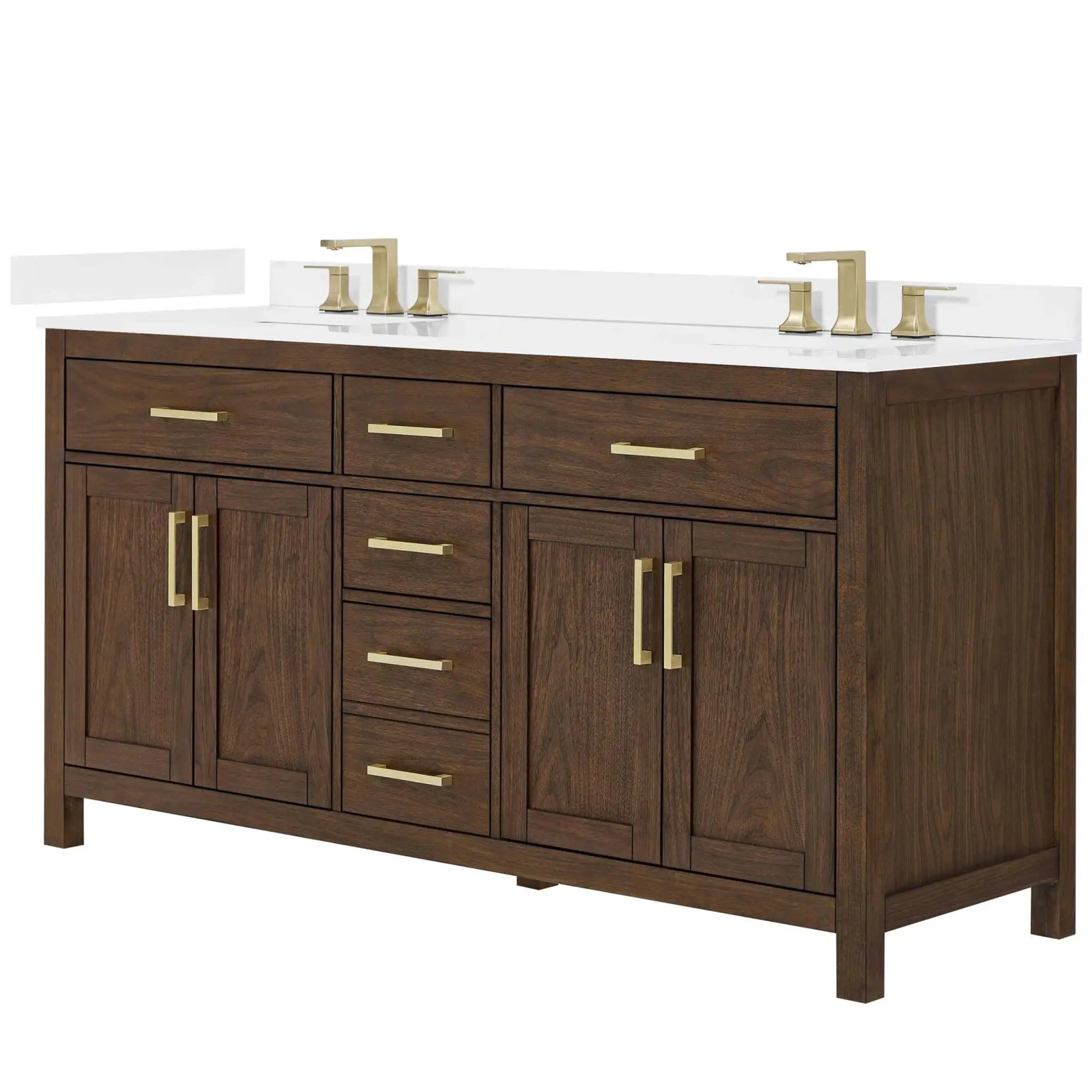 66" Beckett Double Bathroom Vanity in Dark Walnut with Brushed Gold Trim by Wyndham