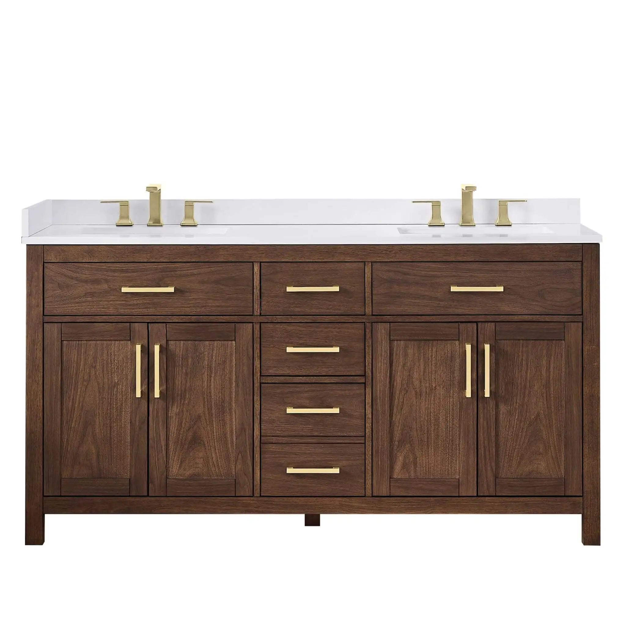 66" Beckett Double Bathroom Vanity in Dark Walnut with Brushed Gold Trim by Wyndham
