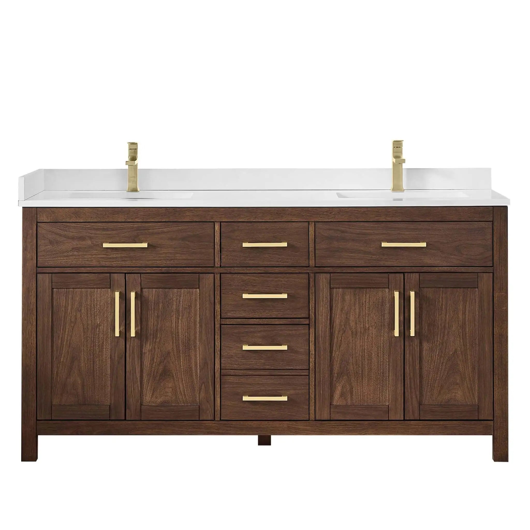 66" Beckett Double Bathroom Vanity in Dark Walnut with Brushed Gold Trim by Wyndham