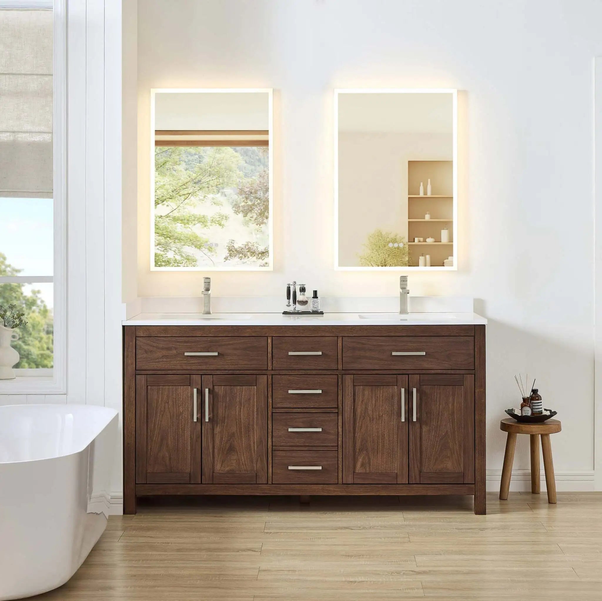 66" Beckett Double Bathroom Vanity in Dark Walnut with Brushed Nickel Trim by Wyndham