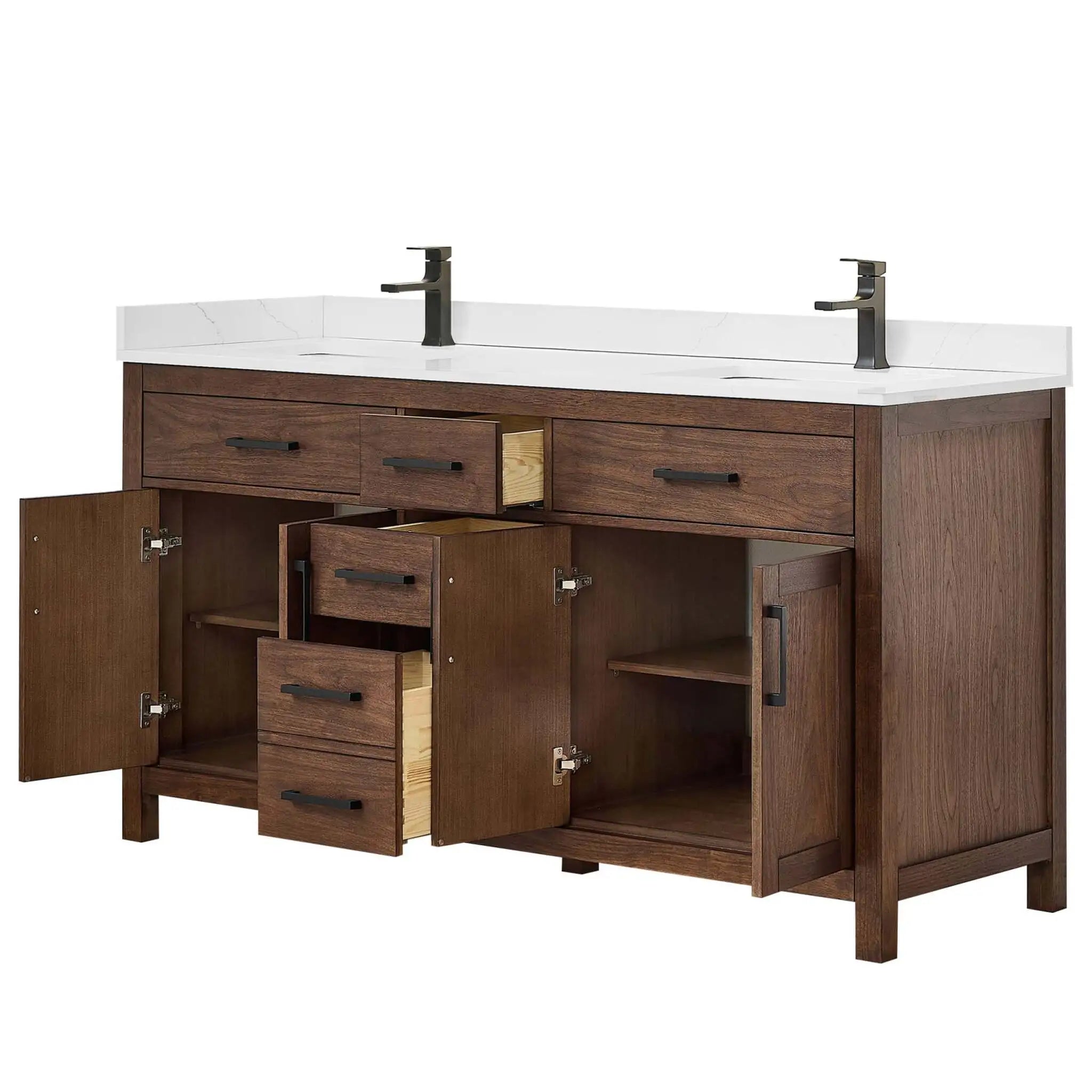 66" Beckett Double Bathroom Vanity in Dark Walnut with Matte Black Trim by Wyndham