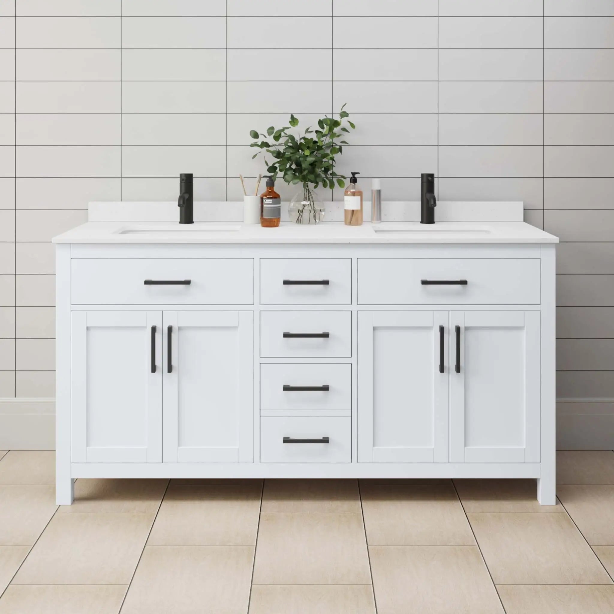 66" Beckett Double Bathroom Vanity in White with Matte Black Trim by Wyndham