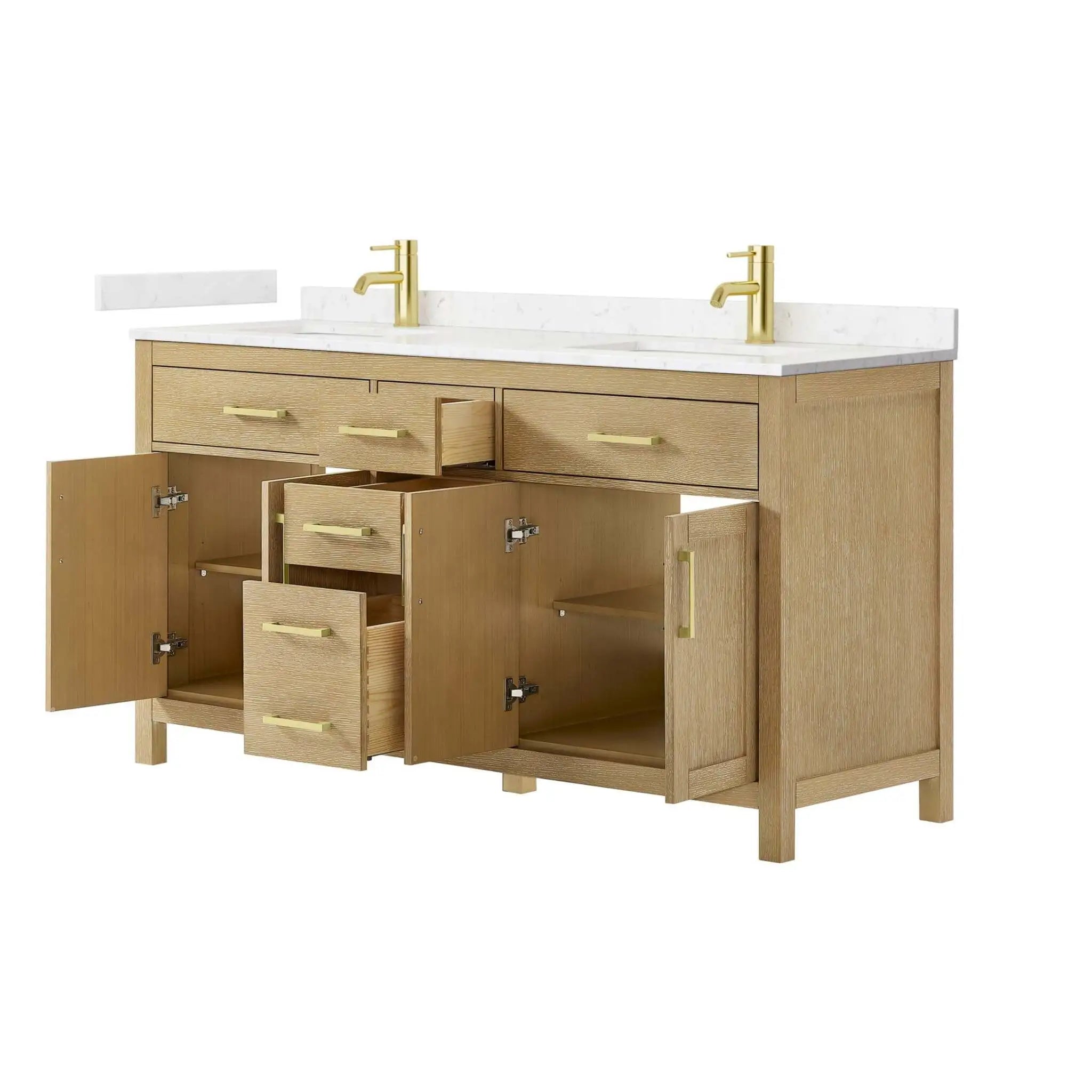 66" Beckett Double Bathroom Vanity in Whitewashed Oak with Brushed Gold Trim by Wyndham