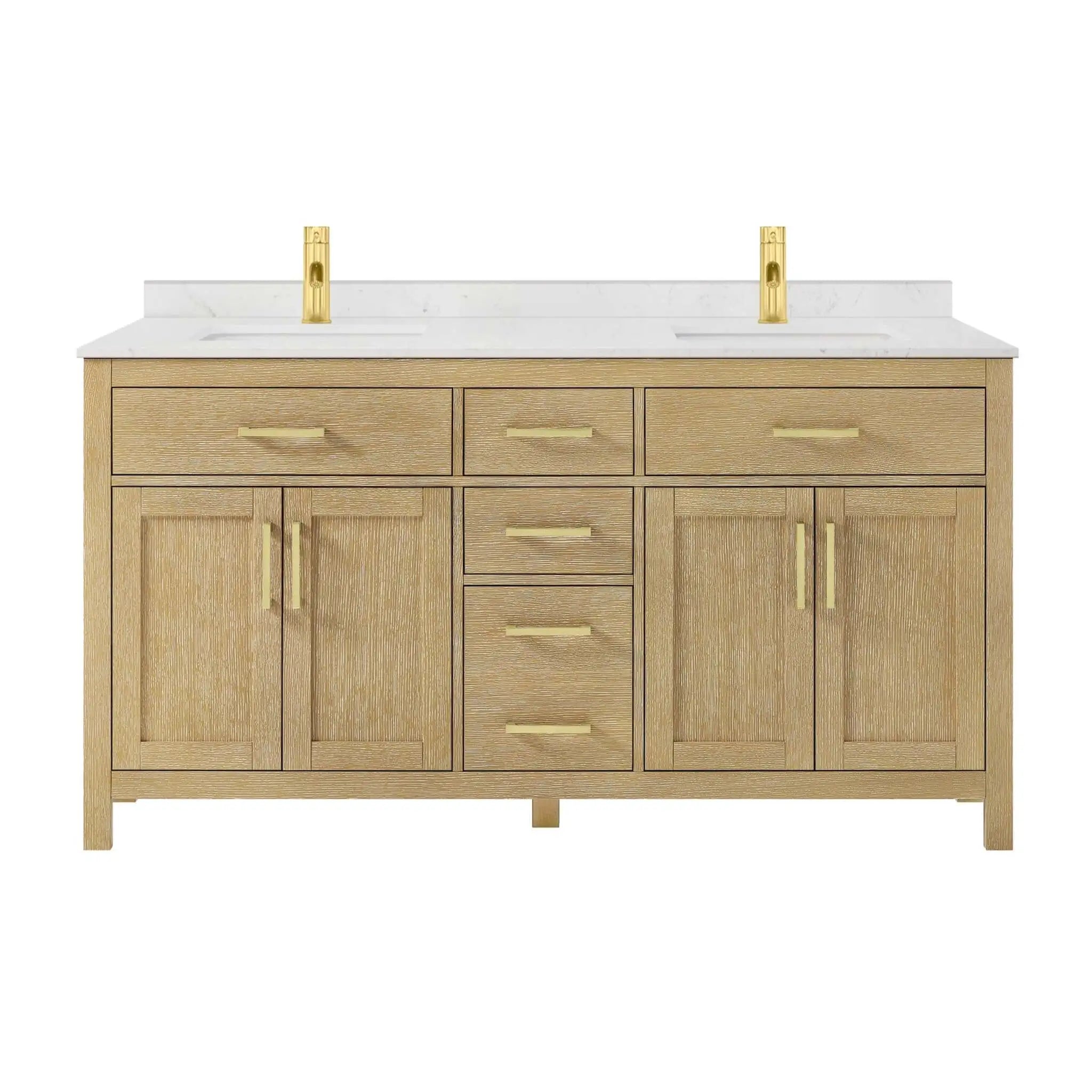 66" Beckett Double Bathroom Vanity in Whitewashed Oak with Brushed Gold Trim by Wyndham