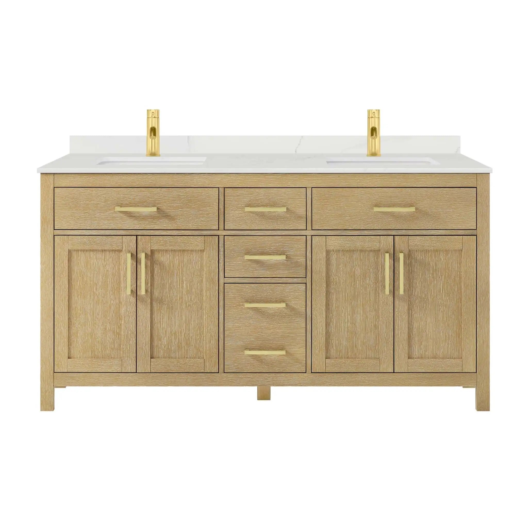 66" Beckett Double Bathroom Vanity in Whitewashed Oak with Brushed Gold Trim by Wyndham