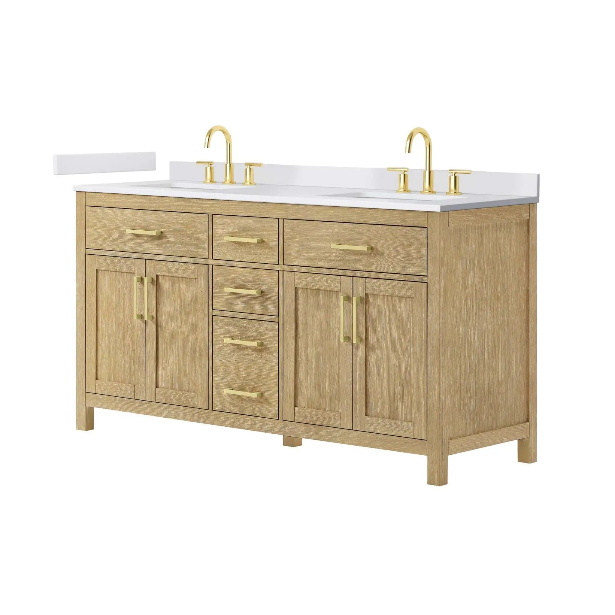 66" Beckett Double Bathroom Vanity in Whitewashed Oak with Brushed Gold Trim by Wyndham