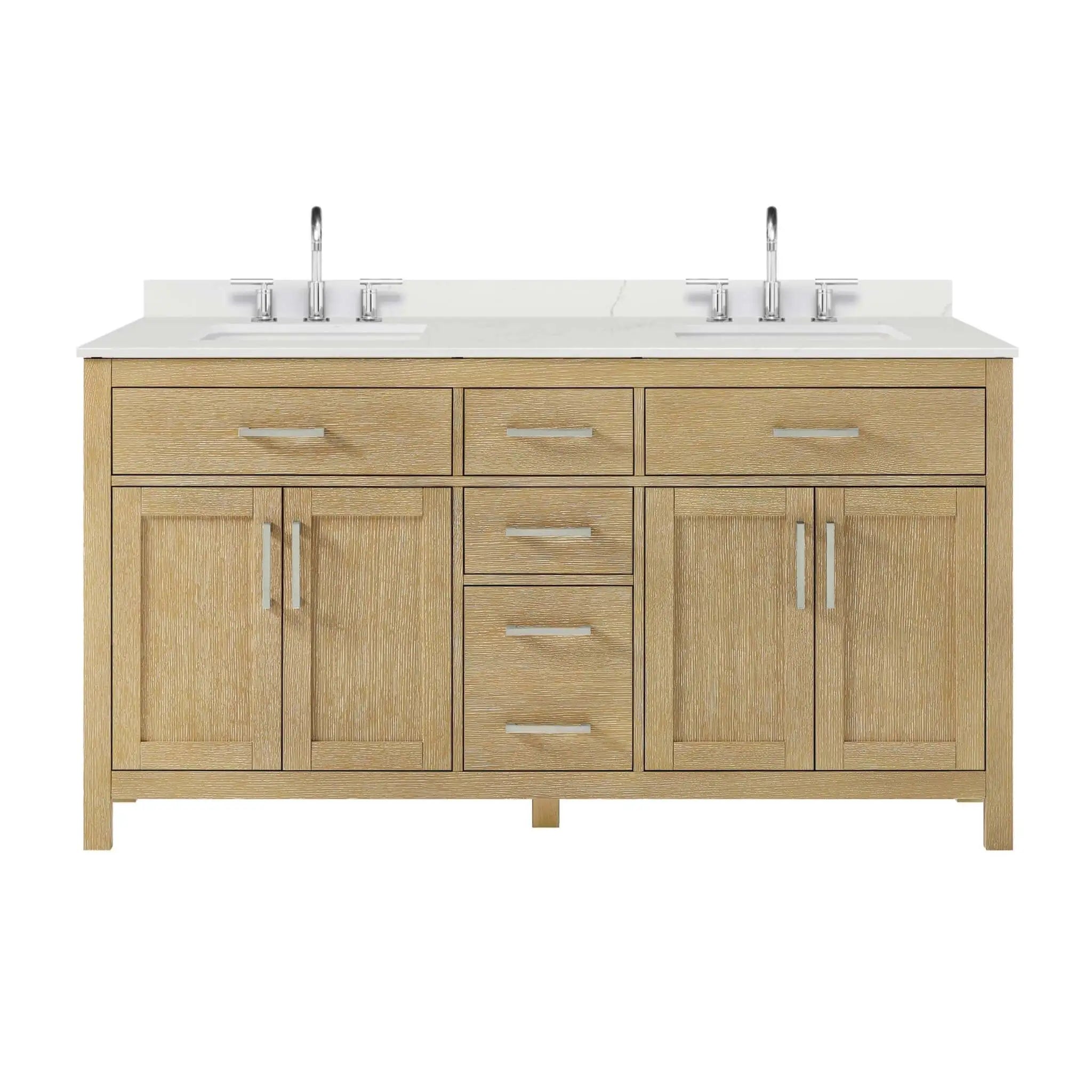 66" Beckett Double Bathroom Vanity in Whitewashed Oak with Brushed Nickel Trim by Wyndham