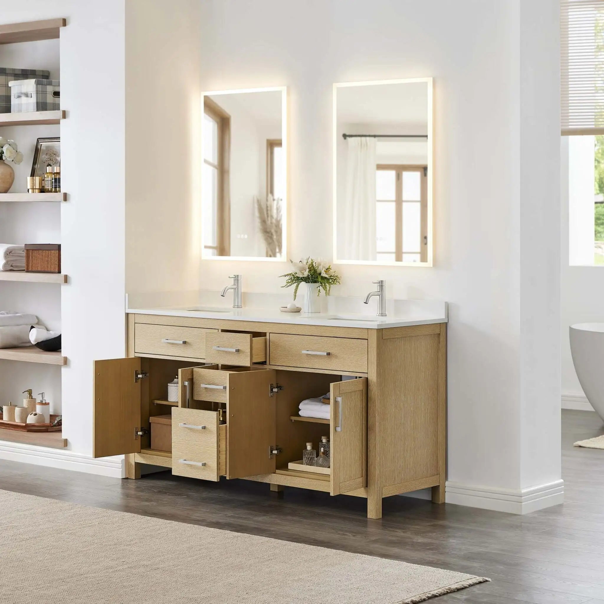 66" Beckett Double Bathroom Vanity in Whitewashed Oak with Brushed Nickel Trim by Wyndham