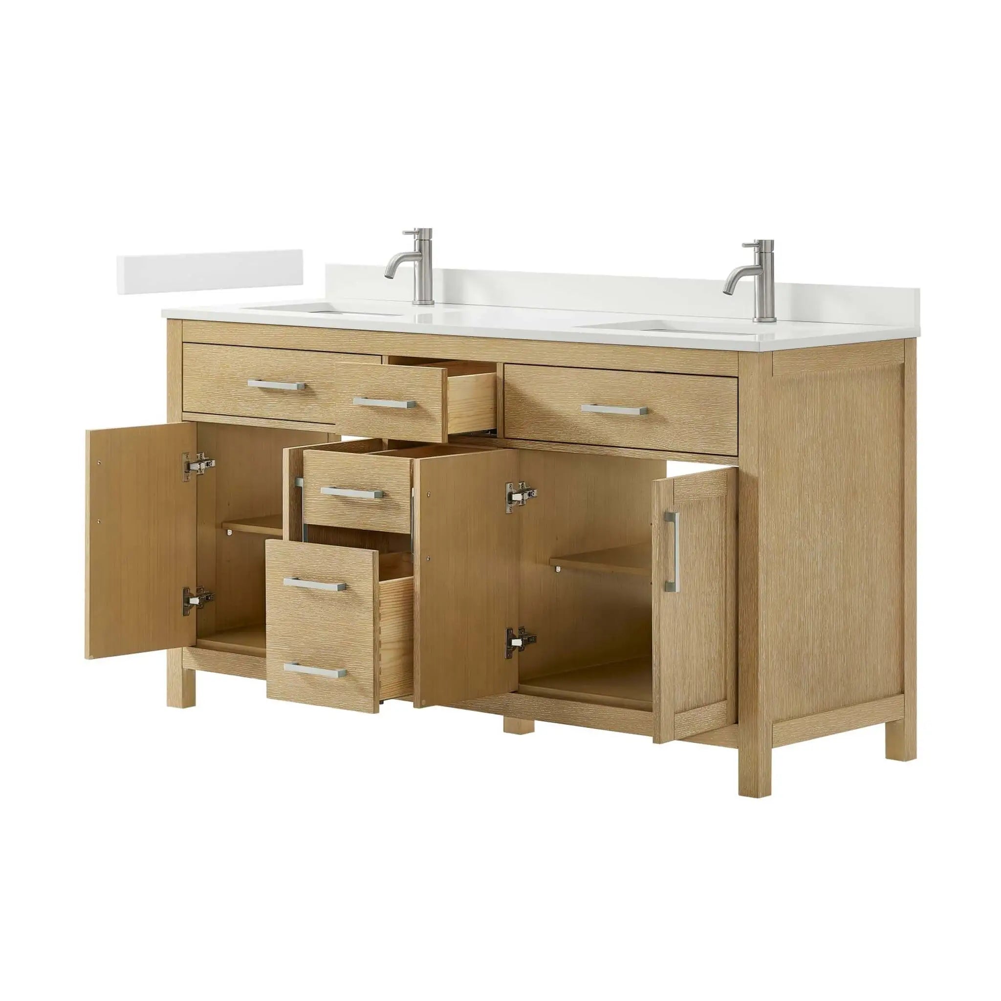 66" Beckett Double Bathroom Vanity in Whitewashed Oak with Brushed Nickel Trim by Wyndham