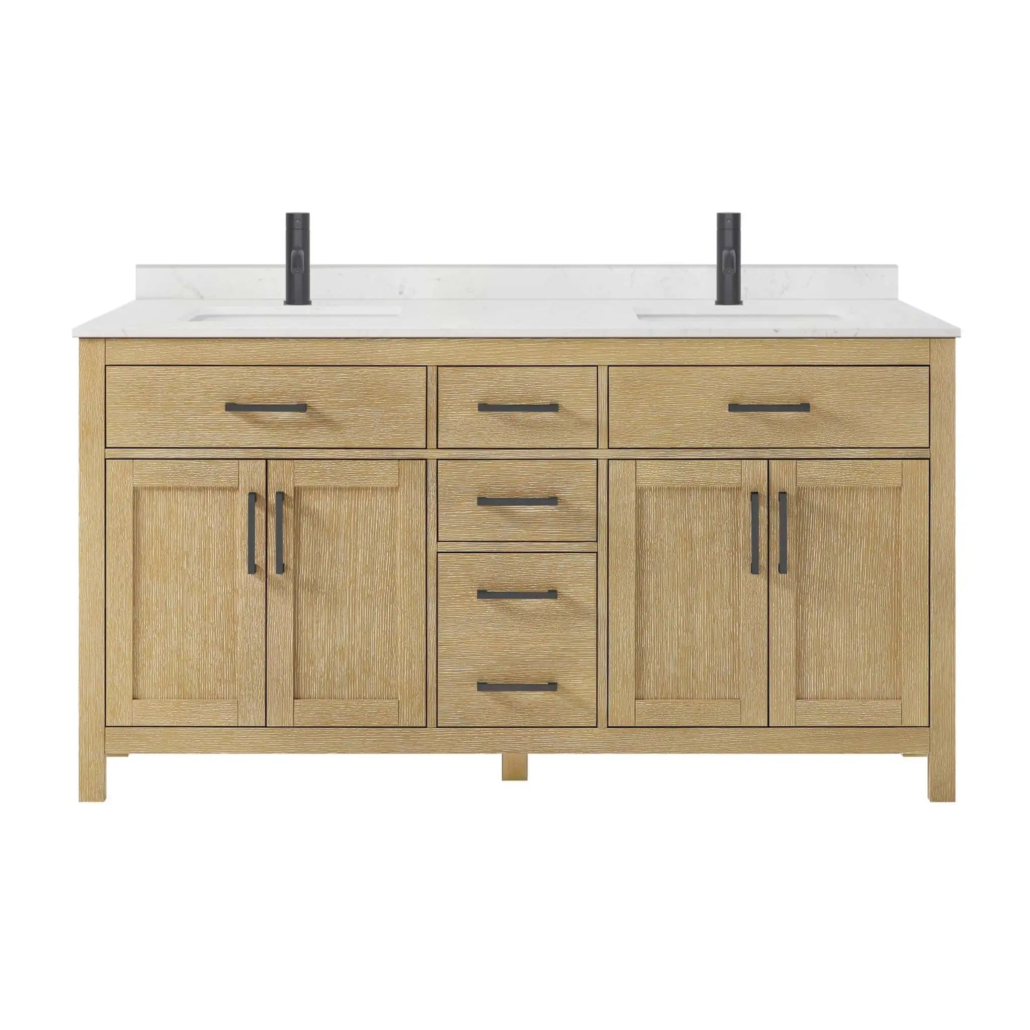 66" Beckett Double Bathroom Vanity in Whitewashed Oak with Matte Black Trim by Wyndham