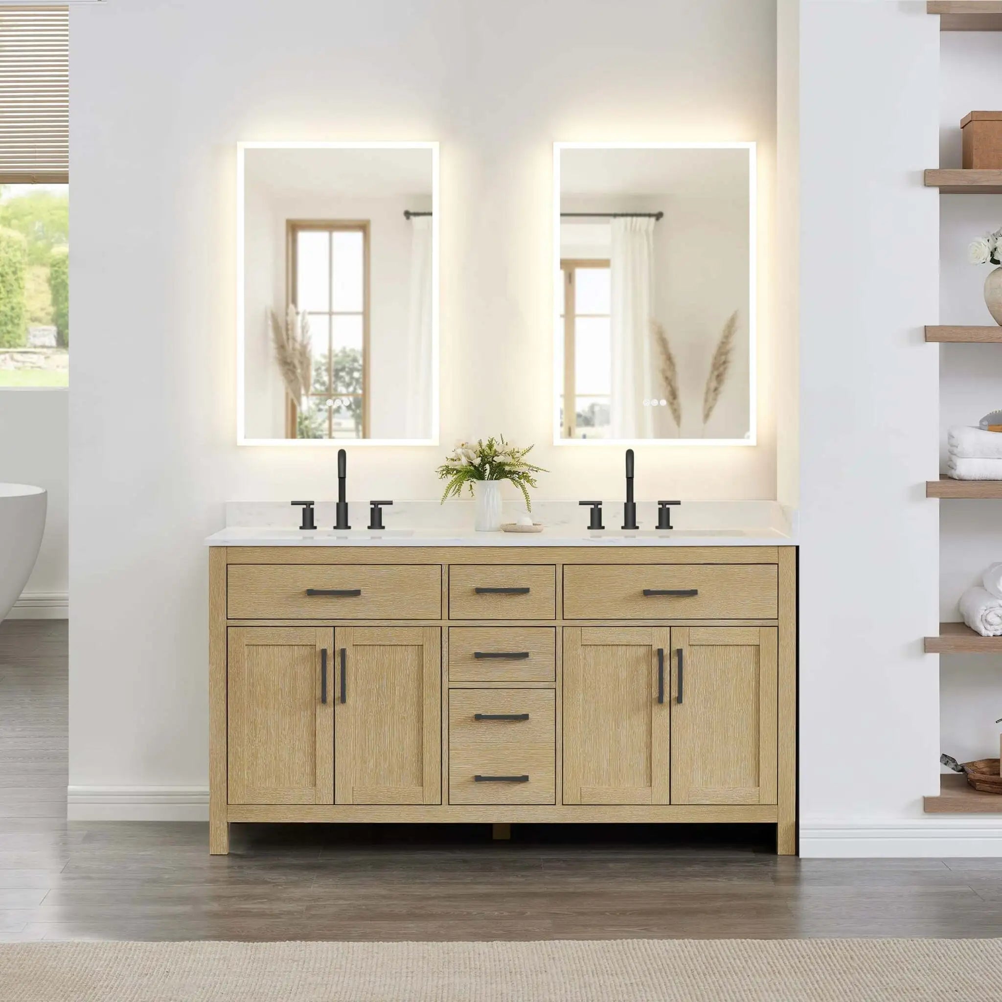 66" Beckett Double Bathroom Vanity in Whitewashed Oak with Matte Black Trim by Wyndham