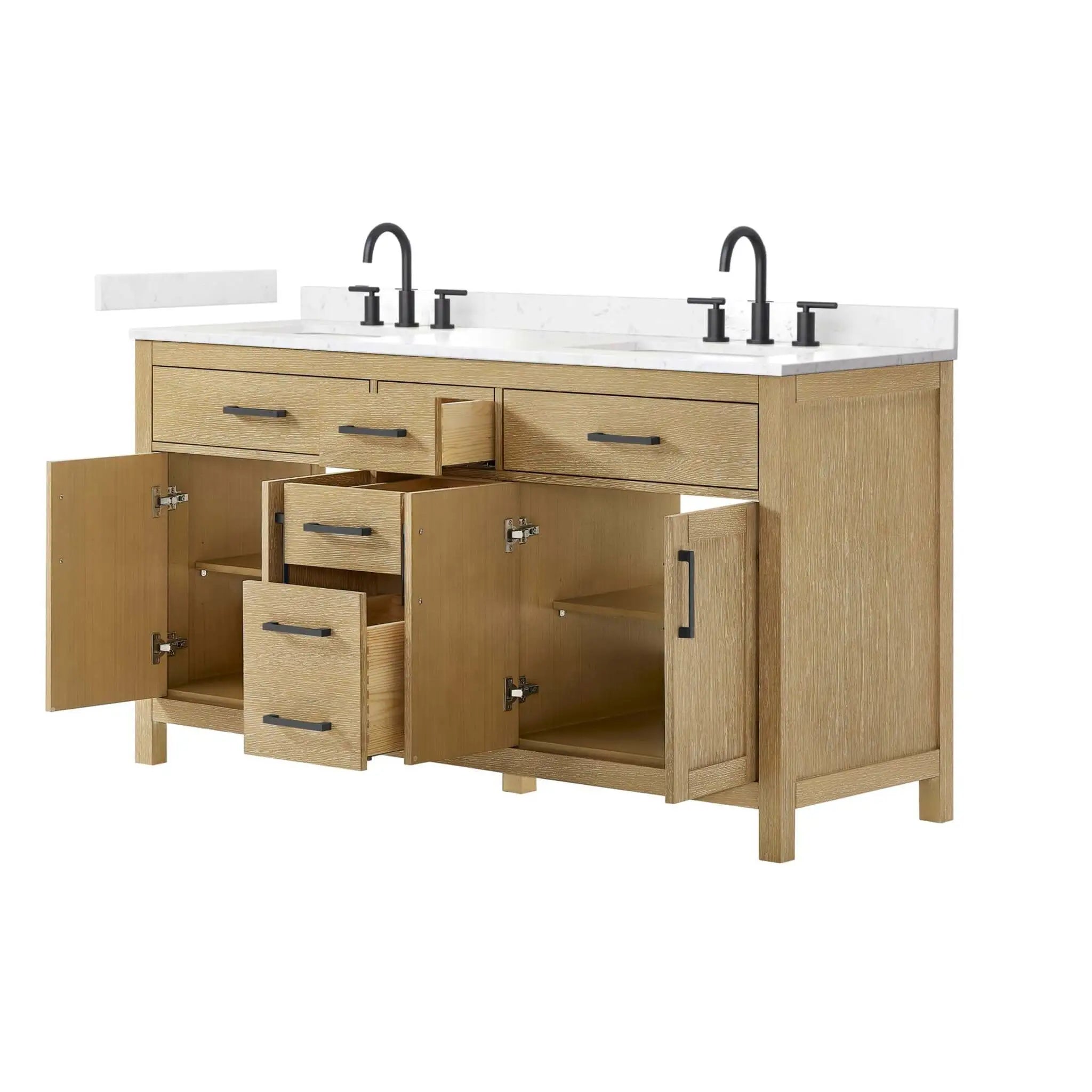 66" Beckett Double Bathroom Vanity in Whitewashed Oak with Matte Black Trim by Wyndham