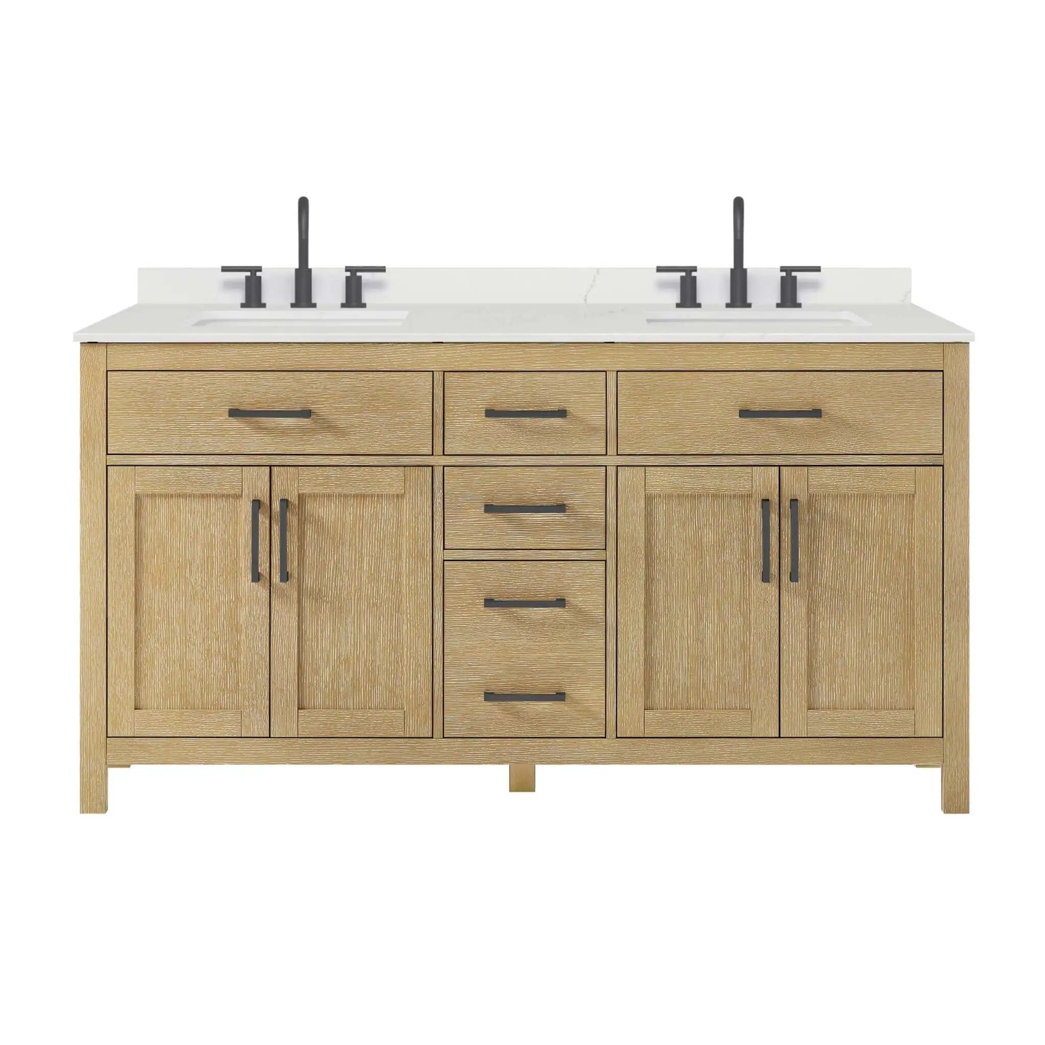 66" Beckett Double Bathroom Vanity in Whitewashed Oak with Matte Black Trim by Wyndham