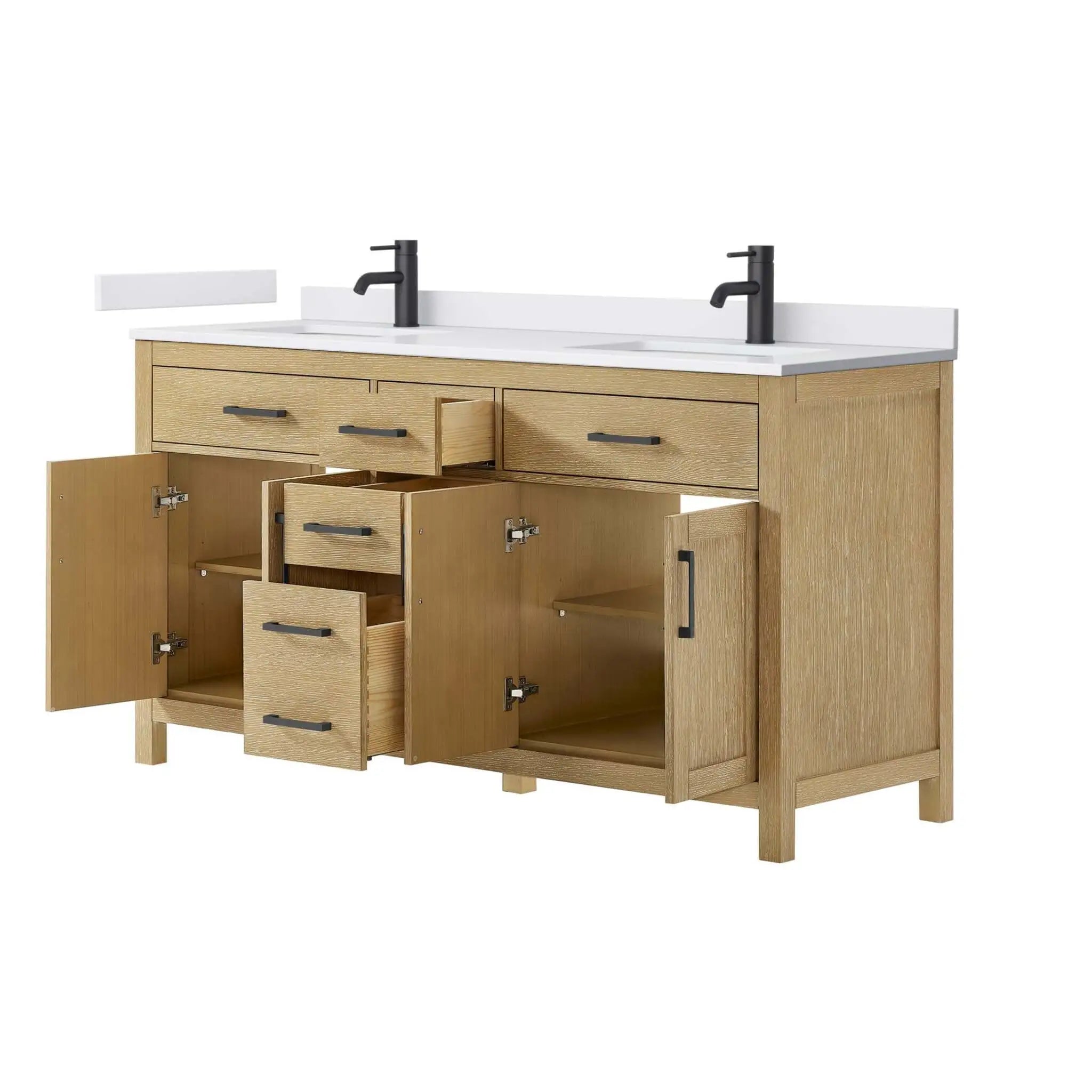 66" Beckett Double Bathroom Vanity in Whitewashed Oak with Matte Black Trim by Wyndham