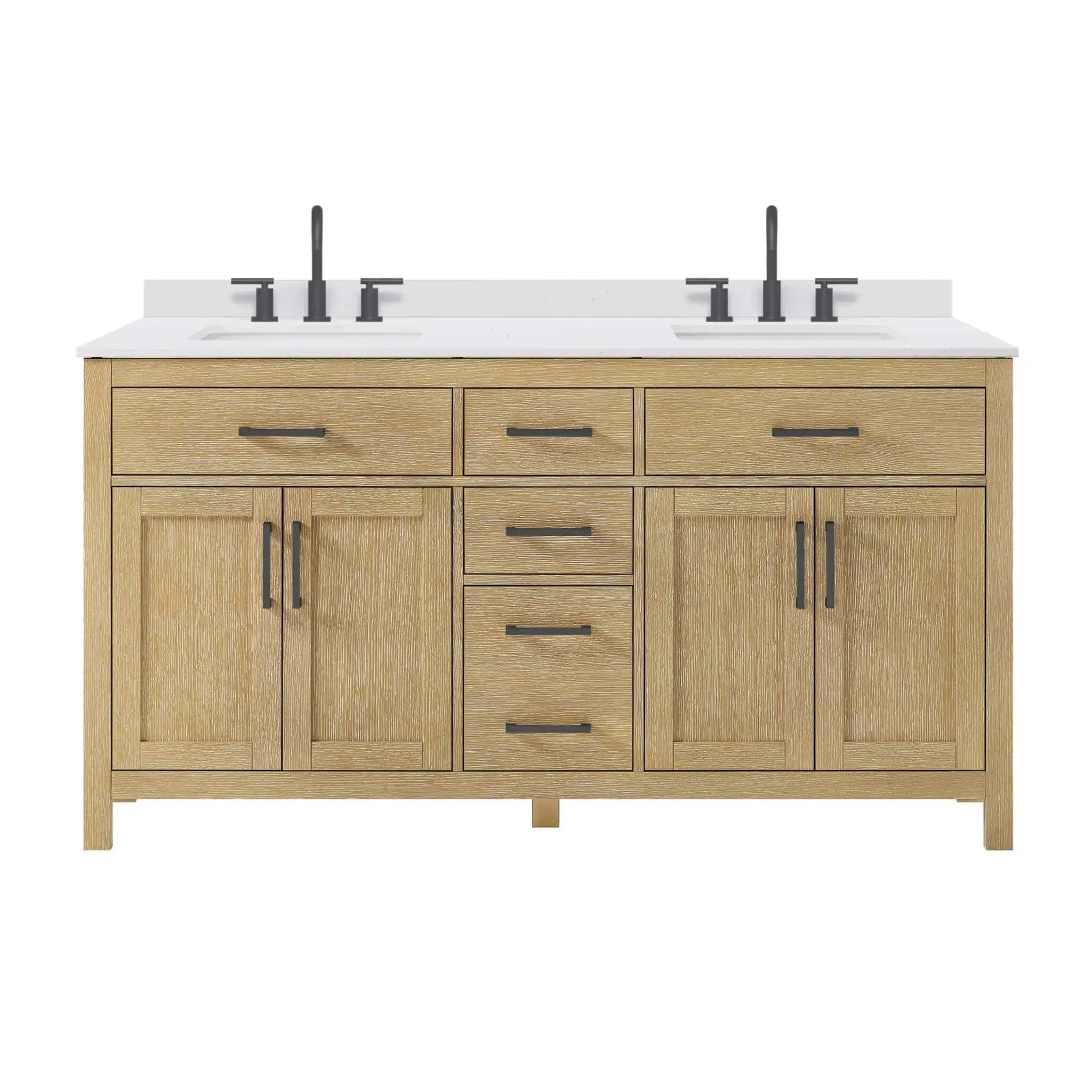66" Beckett Double Bathroom Vanity in Whitewashed Oak with Matte Black Trim by Wyndham