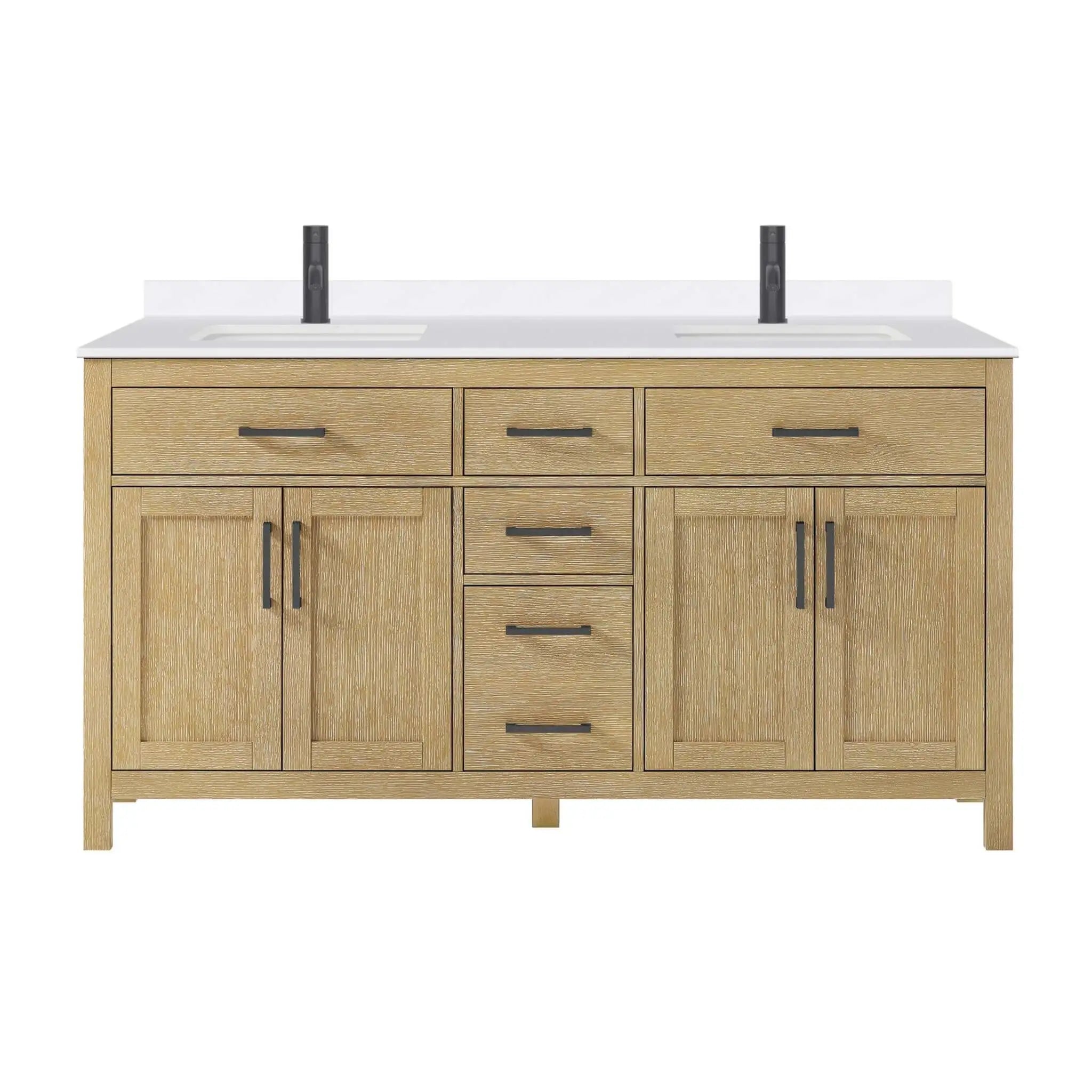 66" Beckett Double Bathroom Vanity in Whitewashed Oak with Matte Black Trim by Wyndham