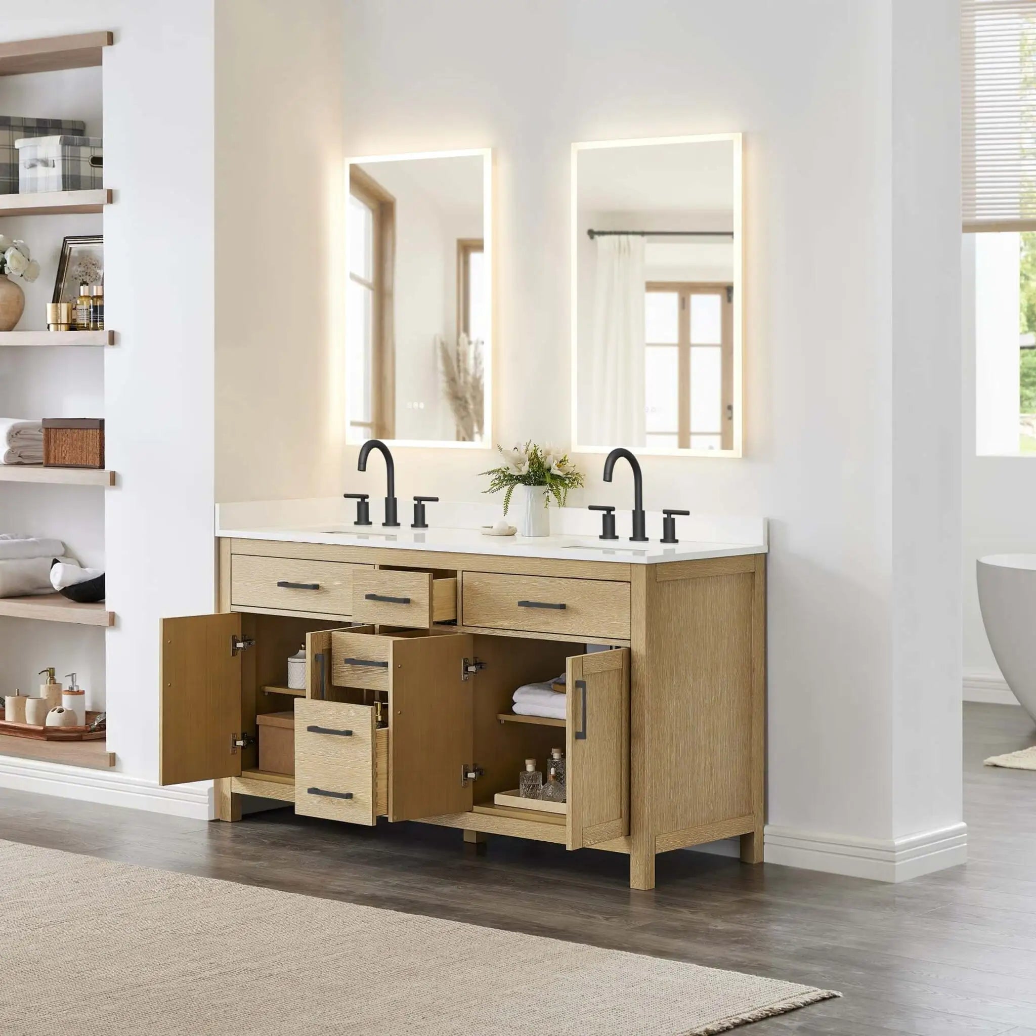 66" Beckett Double Bathroom Vanity in Whitewashed Oak with Matte Black Trim by Wyndham