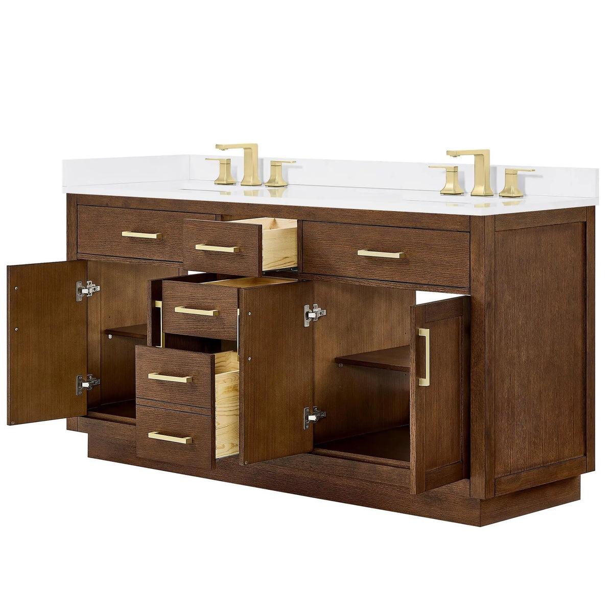 66" Beckett Double Bathroom Vanity with Toe Kick Dark Oak Brushed Gold Trim by wyndham View 18