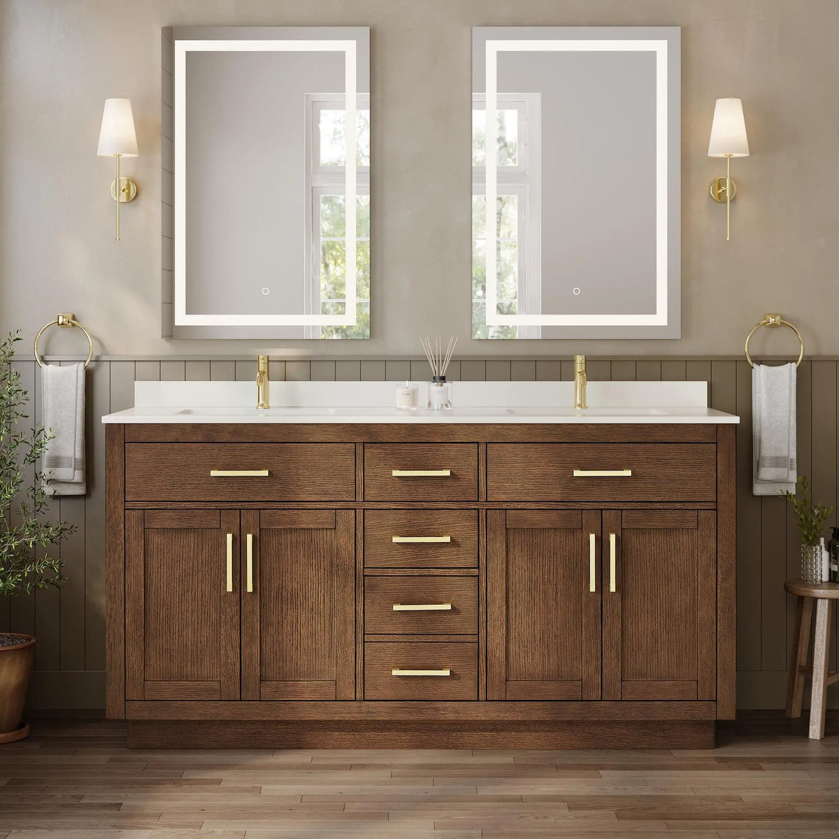 66" Beckett Double Bathroom Vanity with Toe Kick Dark Oak Brushed Gold Trim by wyndham View 29