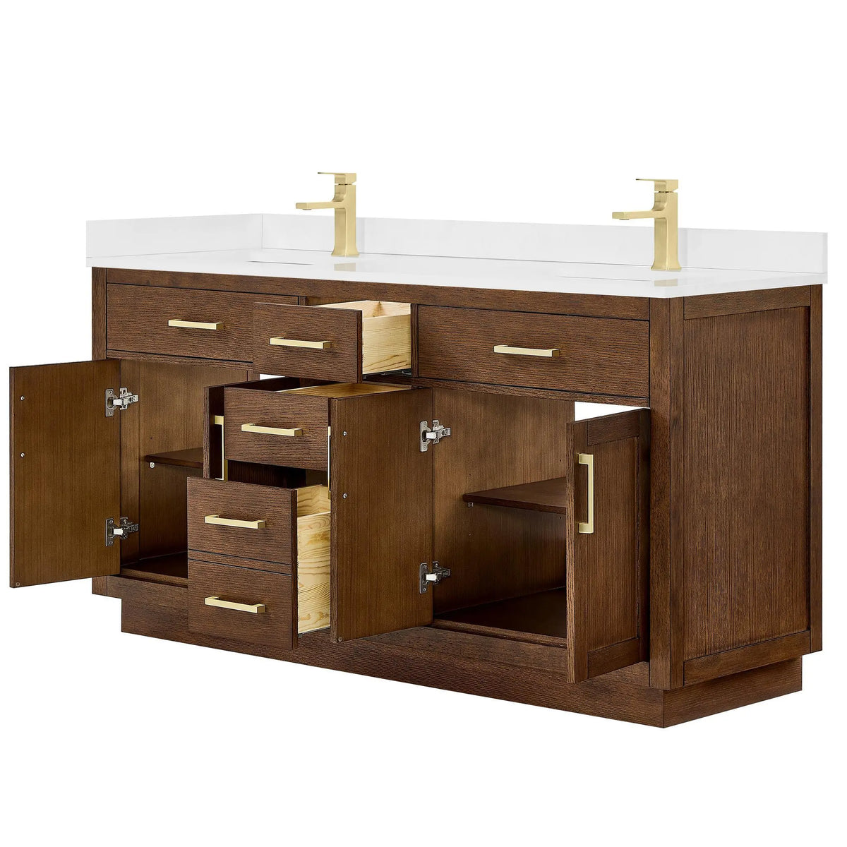 66" Beckett Double Bathroom Vanity with Toe Kick Dark Oak Brushed Gold Trim by wyndham View 28