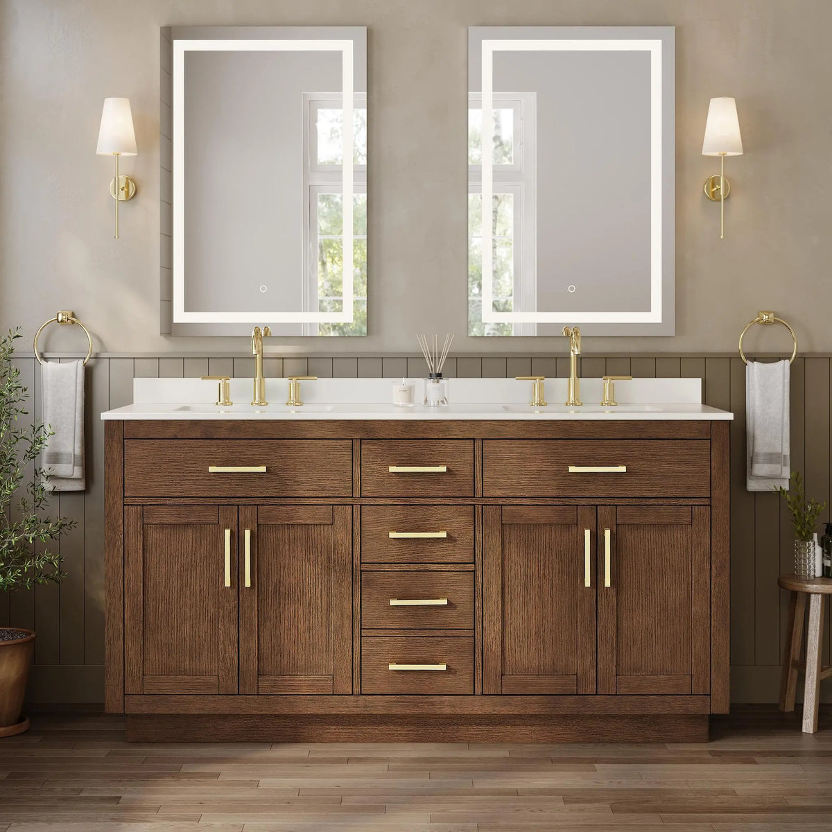 66" Beckett Double Bathroom Vanity with Toe Kick Dark Oak Brushed Gold Trim by wyndham View 39