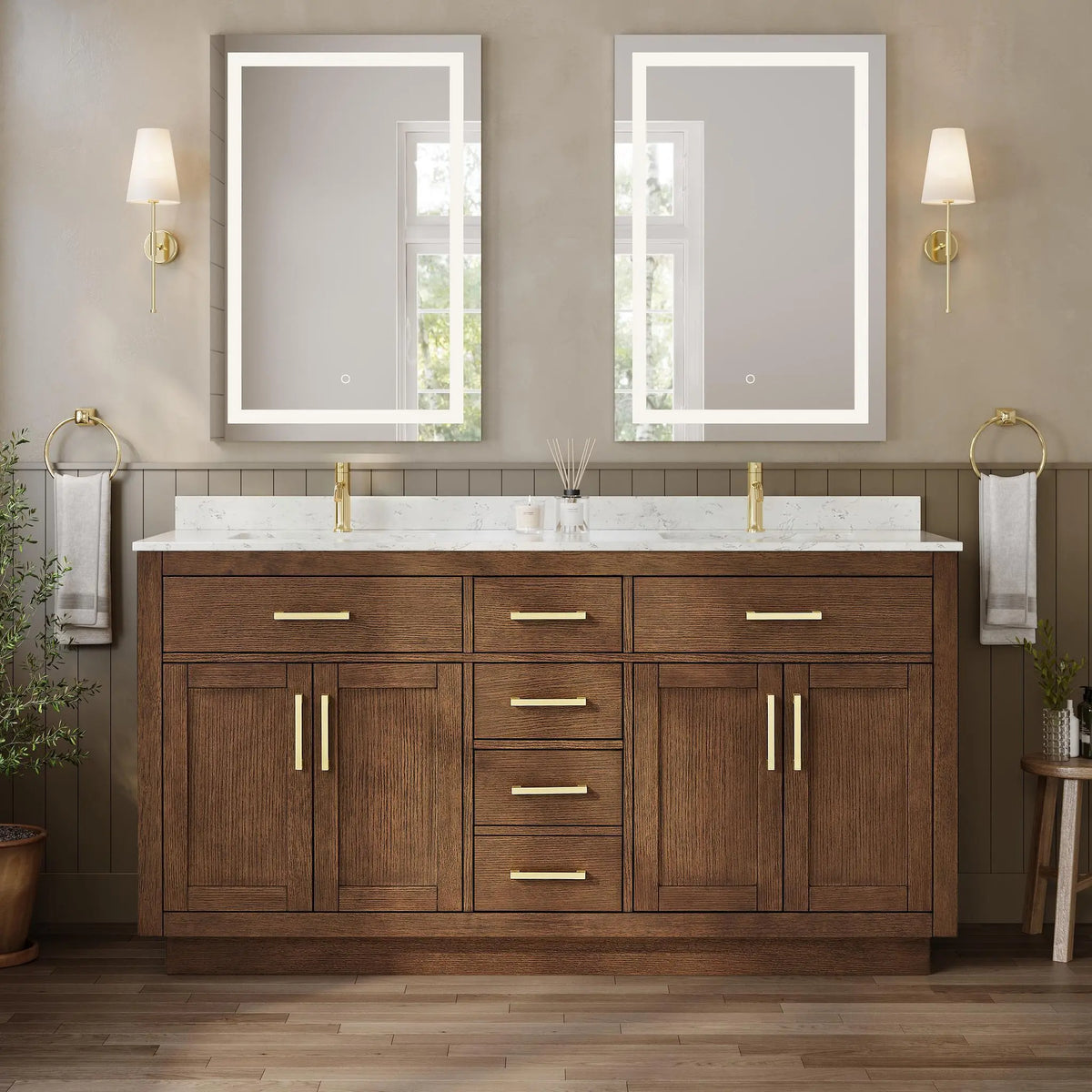 66" Beckett Double Bathroom Vanity with Toe Kick Dark Oak Brushed Gold Trim by wyndham View 4