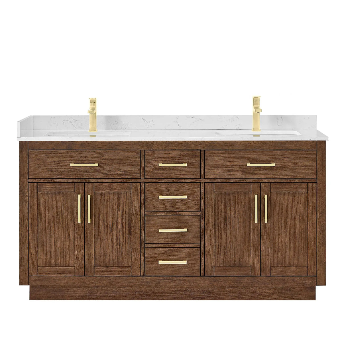 66" Beckett Double Bathroom Vanity with Toe Kick Dark Oak Brushed Gold Trim by wyndham View 1