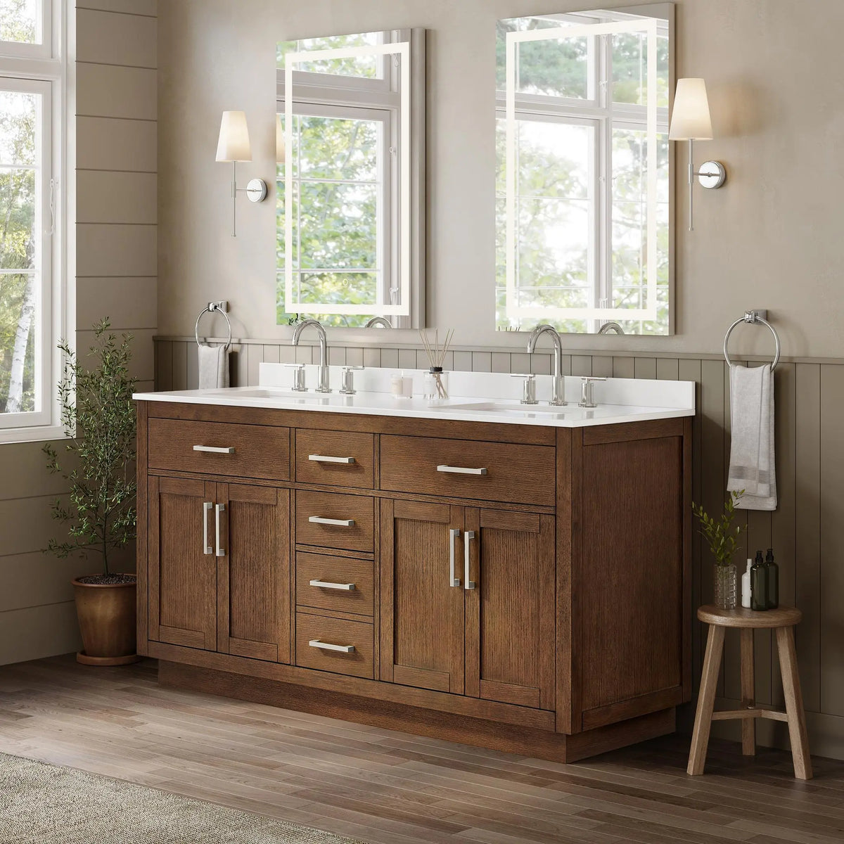 66" Beckett Double Bathroom Vanity with Toe Kick Dark Oak Brushed Nickel Trim by wyndham View 17