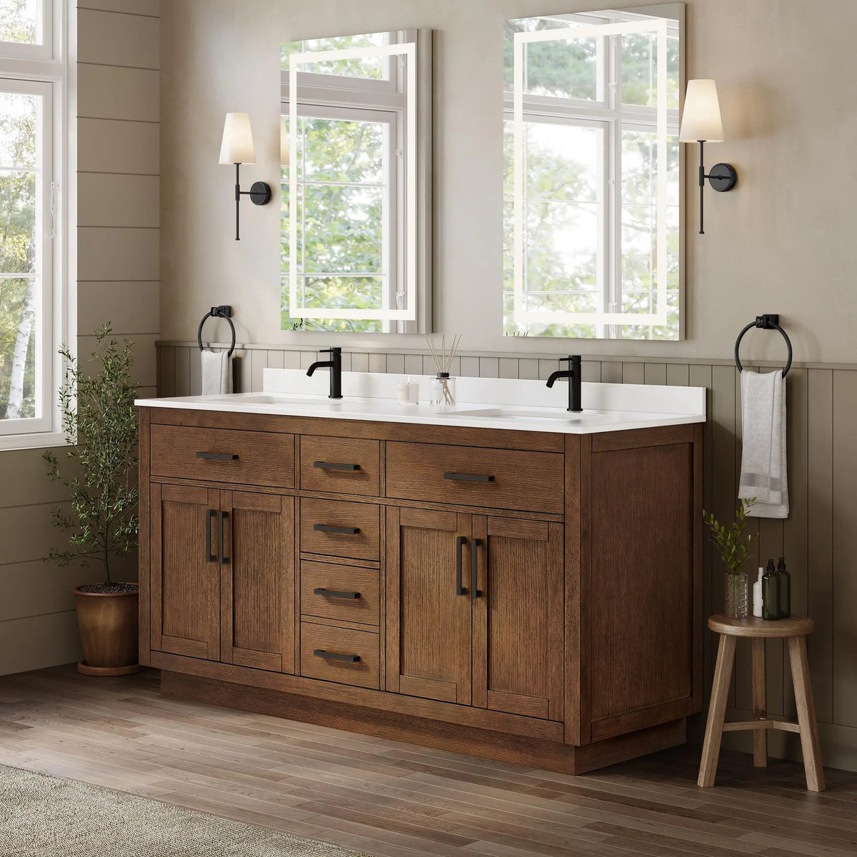 66" Beckett Double Bathroom Vanity with Toe Kick Dark Oak Matte Black Trim by wyndham View 7