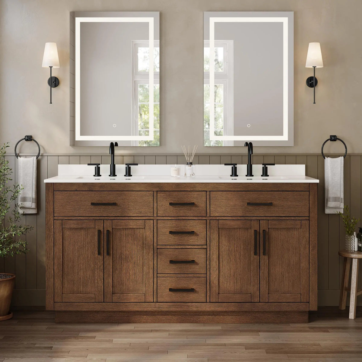 66" Beckett Double Bathroom Vanity with Toe Kick Dark Oak Matte Black Trim by wyndham View 19