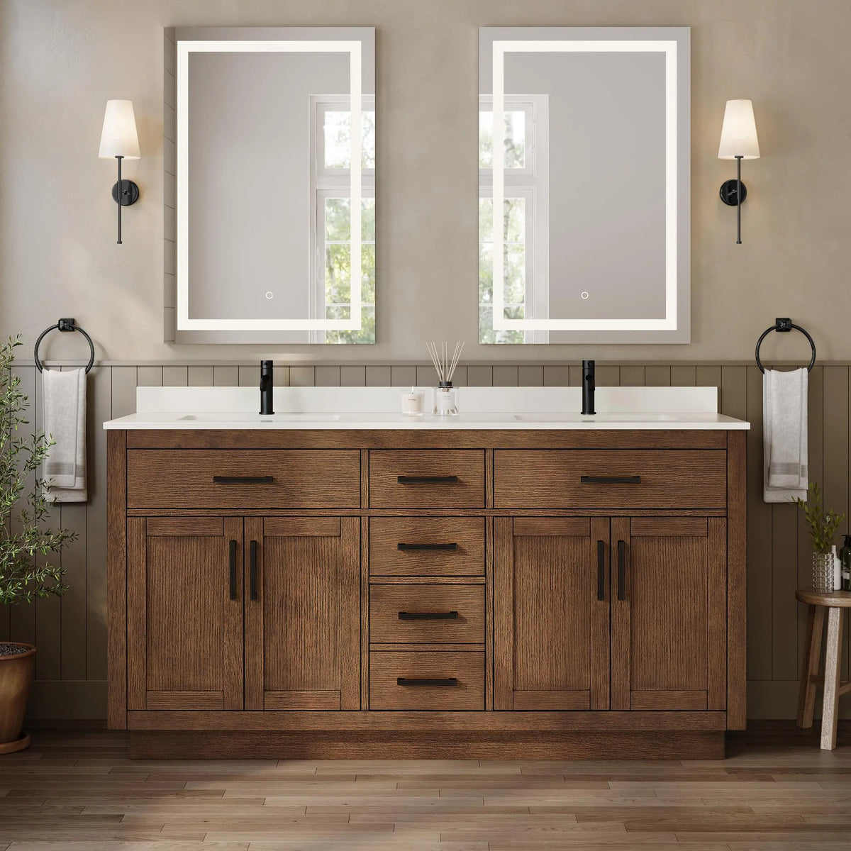 66" Beckett Double Bathroom Vanity with Toe Kick Dark Oak Matte Black Trim by wyndham View 29