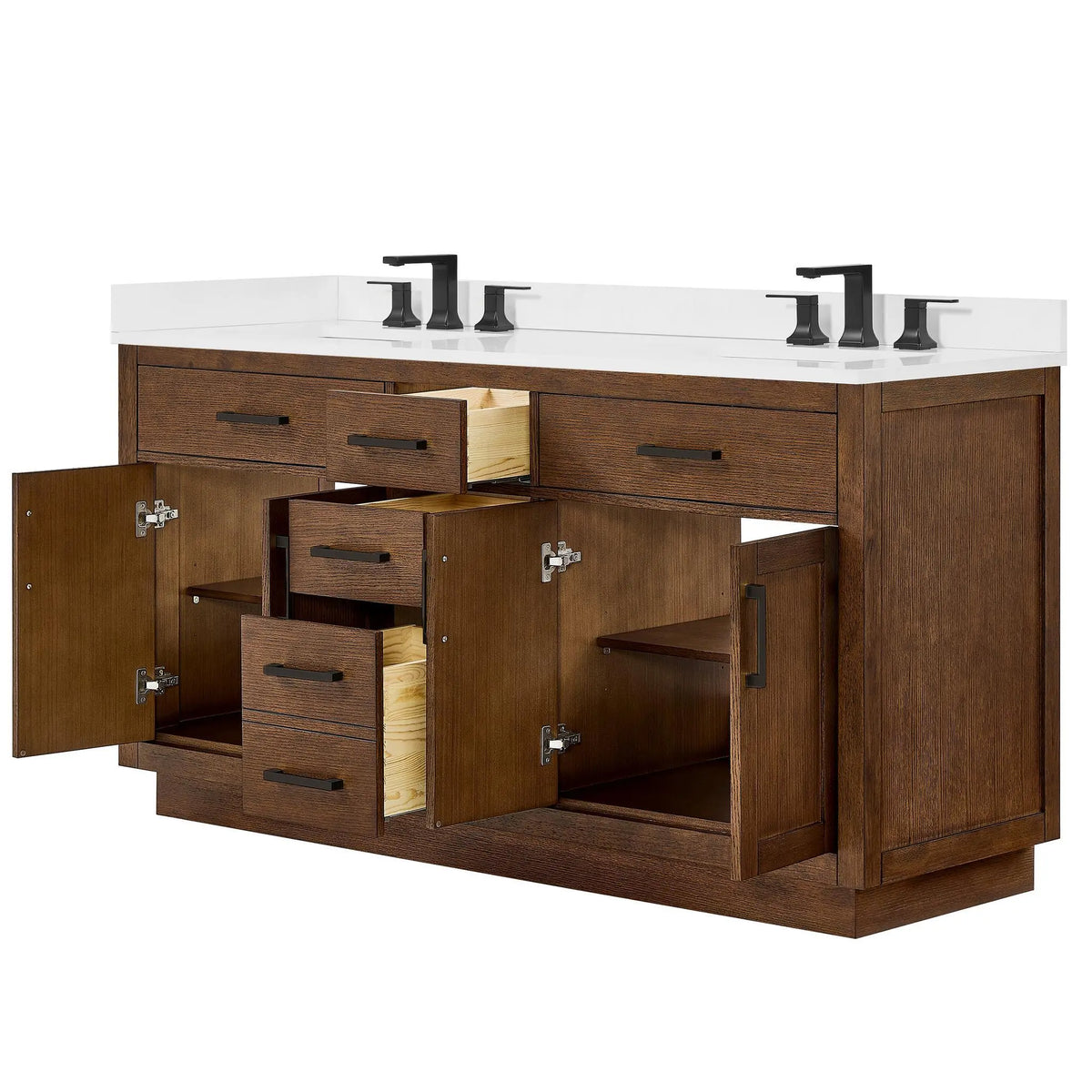 66" Beckett Double Bathroom Vanity with Toe Kick Dark Oak Matte Black Trim by wyndham View 38