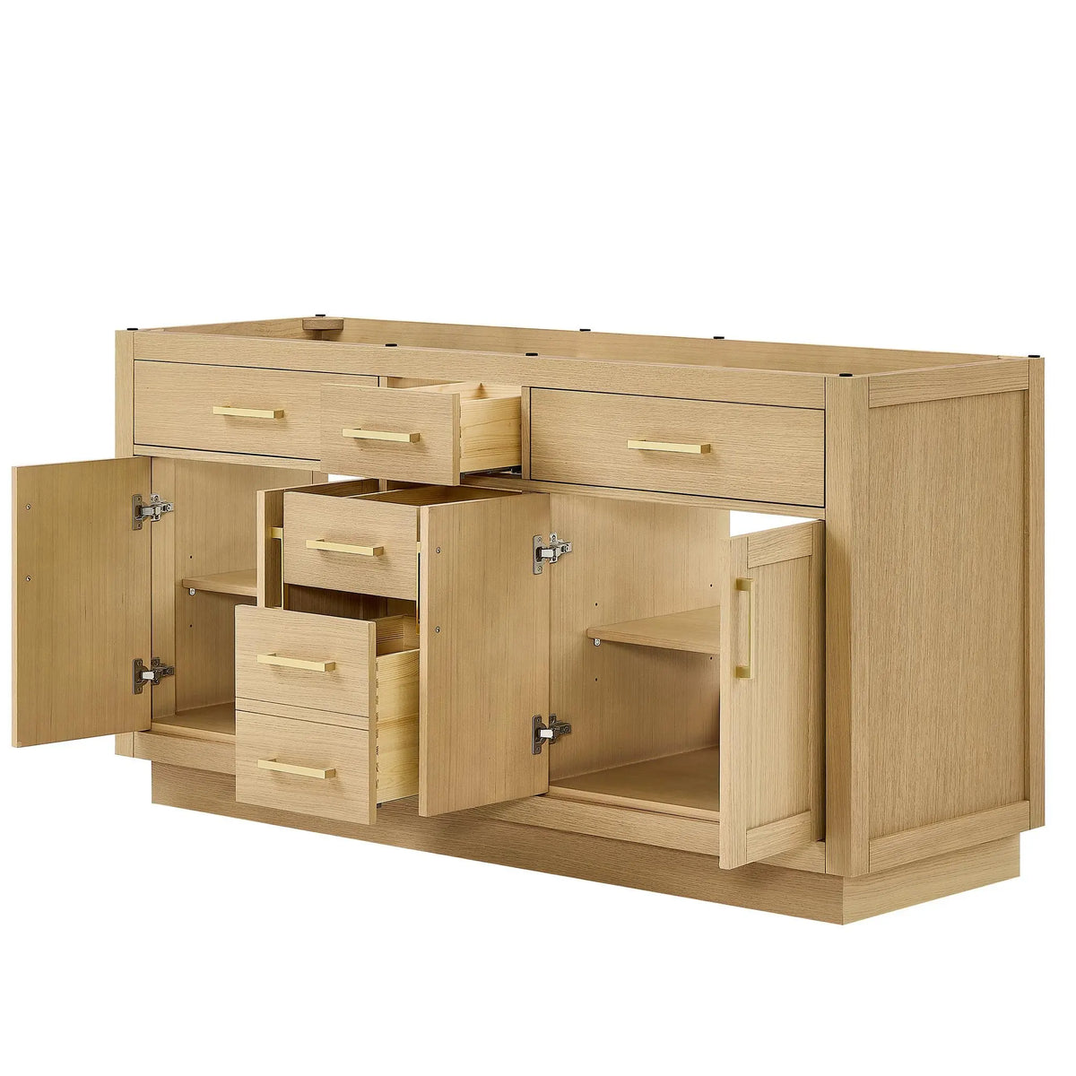 66" Beckett Double Bathroom Vanity with Toe Kick Rift Oak Brushed Gold Trim by wyndham View 42