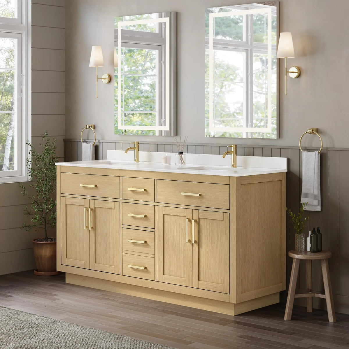 66" Beckett Double Bathroom Vanity with Toe Kick Rift Oak Brushed Gold Trim by wyndham View 7