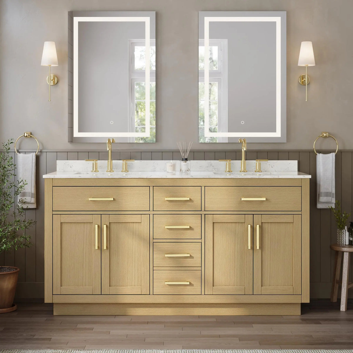 66" Beckett Double Bathroom Vanity with Toe Kick Rift Oak Brushed Gold Trim by wyndham View 14