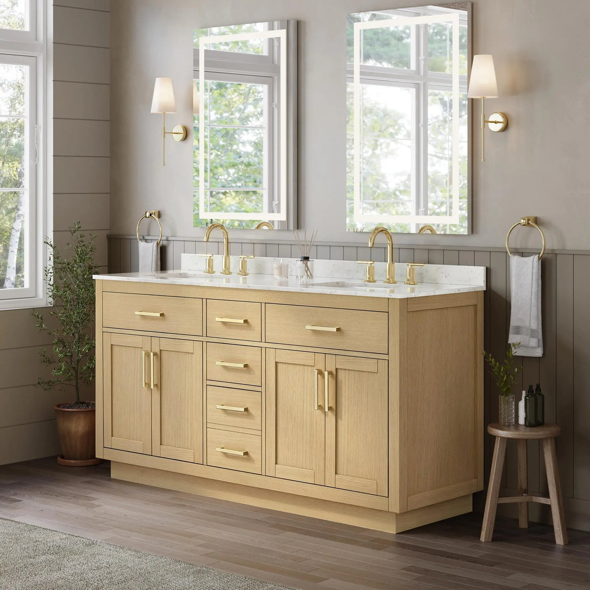 66" Beckett Double Bathroom Vanity with Toe Kick Rift Oak Brushed Gold Trim by wyndham View 12