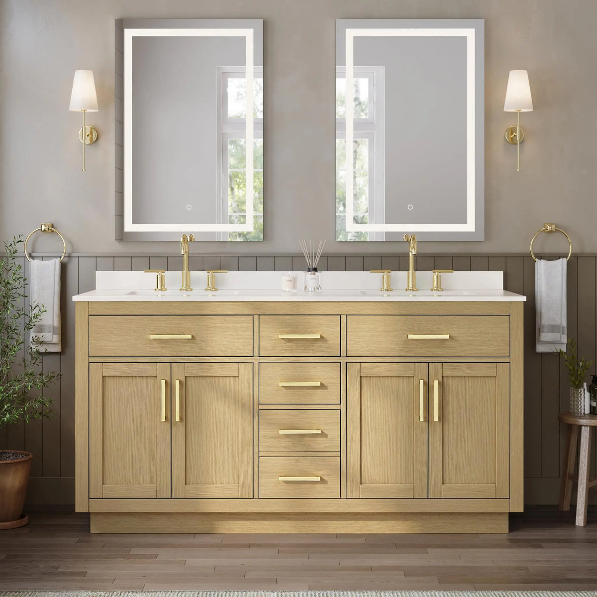 66" Beckett Double Bathroom Vanity with Toe Kick Rift Oak Brushed Gold Trim by wyndham View 19