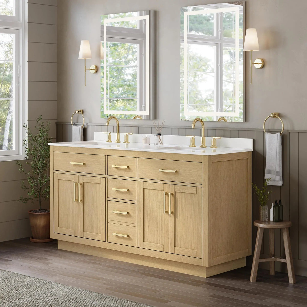 66" Beckett Double Bathroom Vanity with Toe Kick Rift Oak Brushed Gold Trim by wyndham View 17