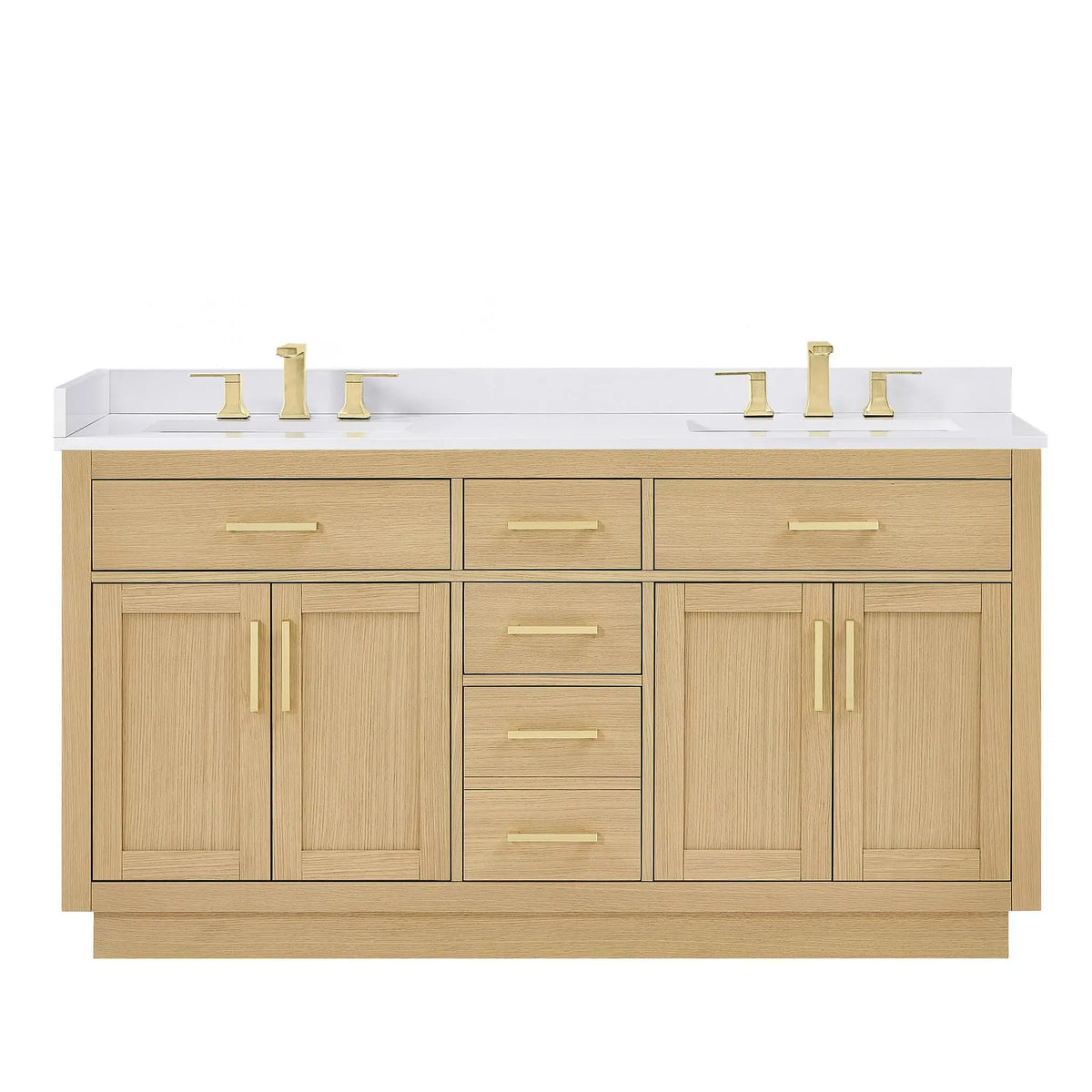 66" Beckett Double Bathroom Vanity with Toe Kick Rift Oak Brushed Gold Trim by wyndham View 16