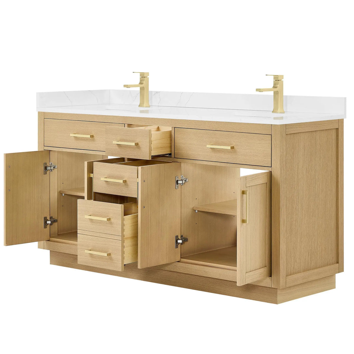 66" Beckett Double Bathroom Vanity with Toe Kick Rift Oak Brushed Gold Trim by wyndham View 23