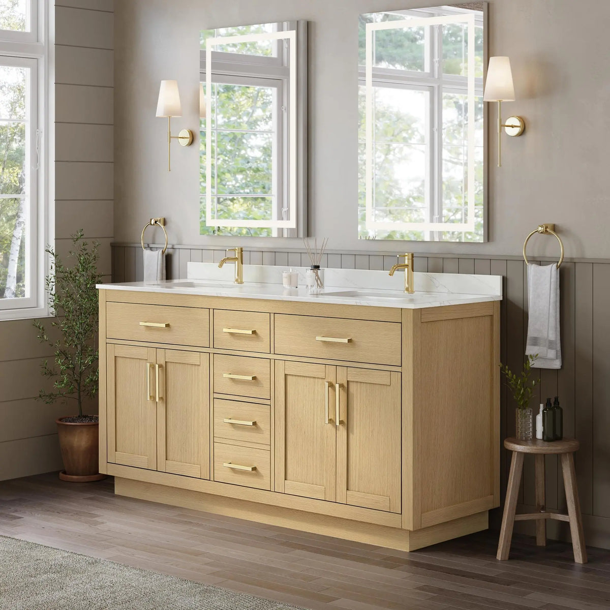66" Beckett Double Bathroom Vanity with Toe Kick Rift Oak Brushed Gold Trim by wyndham View 22