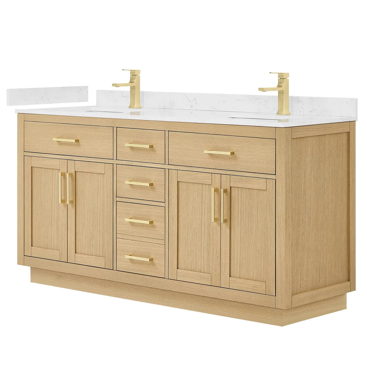 66" Beckett Double Bathroom Vanity with Toe Kick Rift Oak Brushed Gold Trim by wyndham View 5
