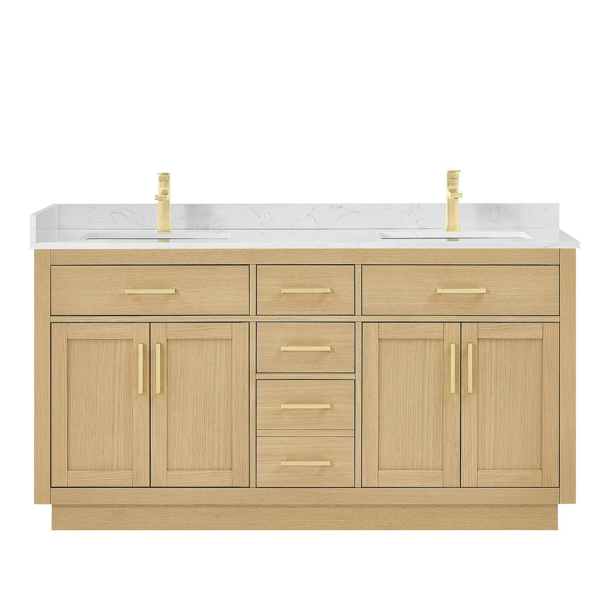 66" Beckett Double Bathroom Vanity with Toe Kick Rift Oak Brushed Gold Trim by wyndham View 1