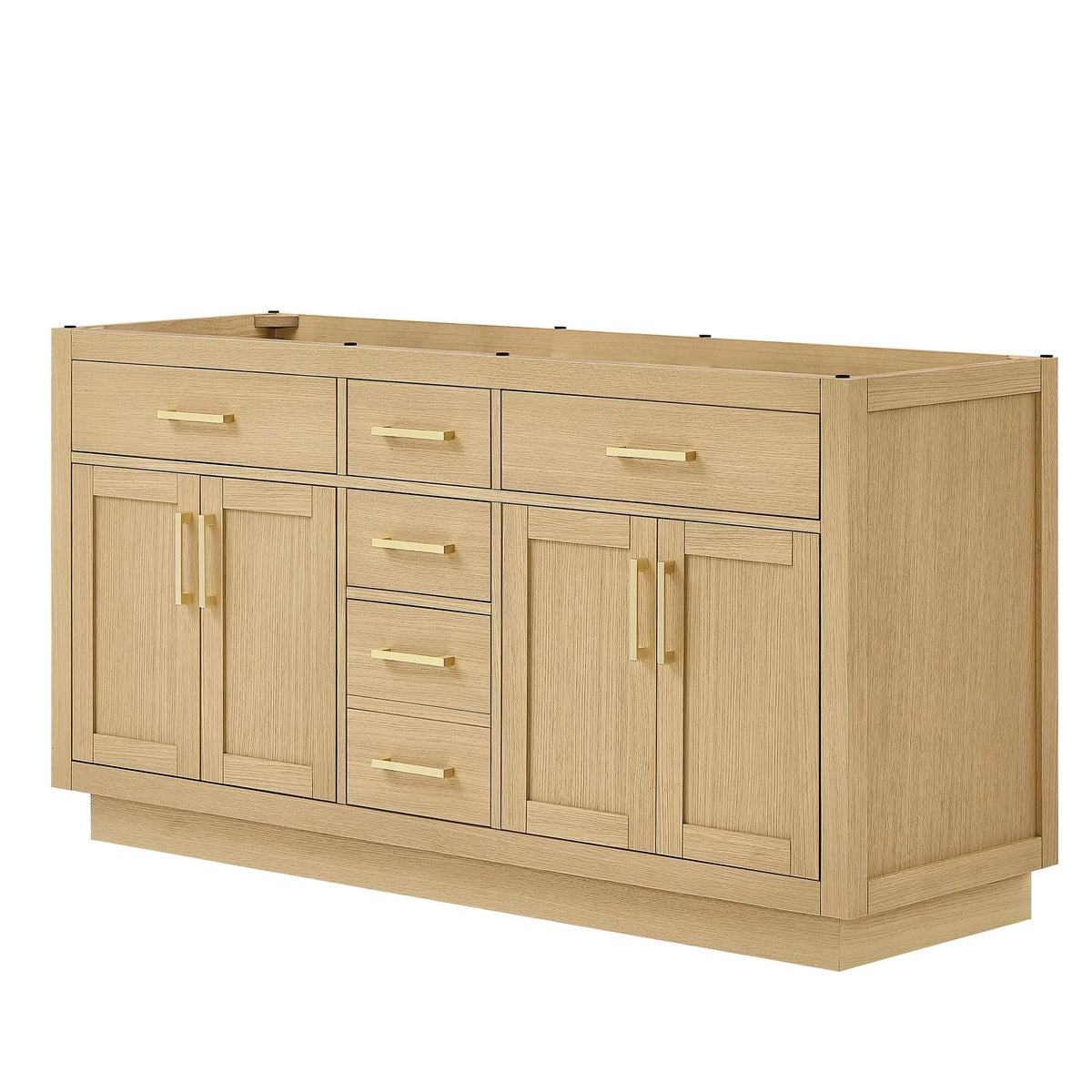 66" Beckett Double Bathroom Vanity with Toe Kick Rift Oak Brushed Gold Trim by wyndham View 44