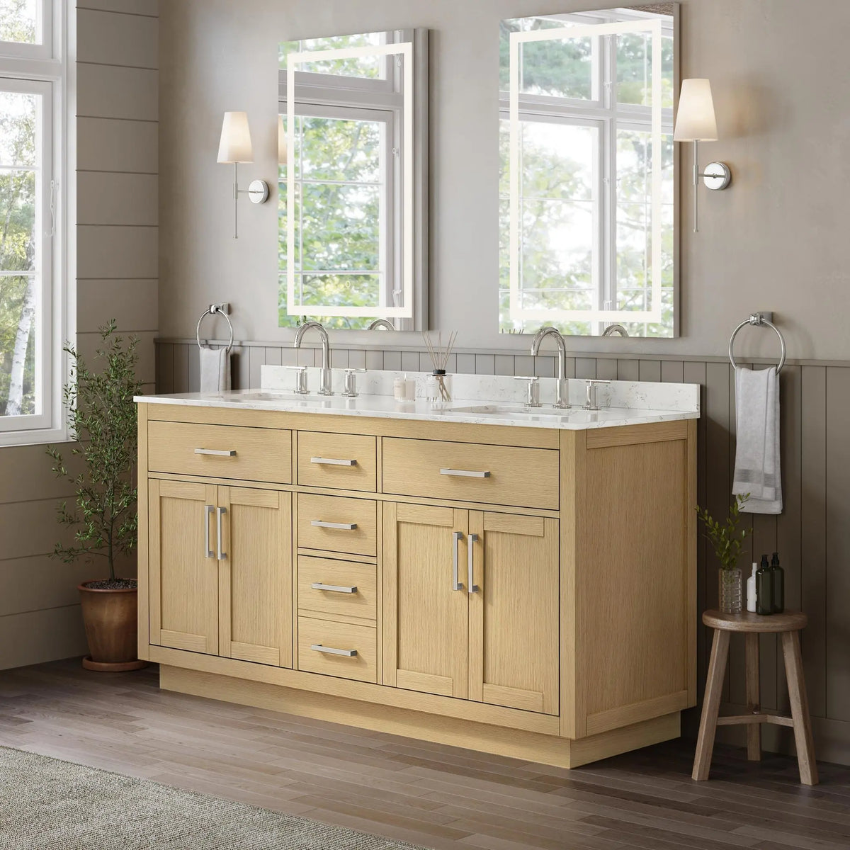 66" Beckett Double Bathroom Vanity with Toe Kick Rift Oak Brushed Nickel Trim by wyndham View 12