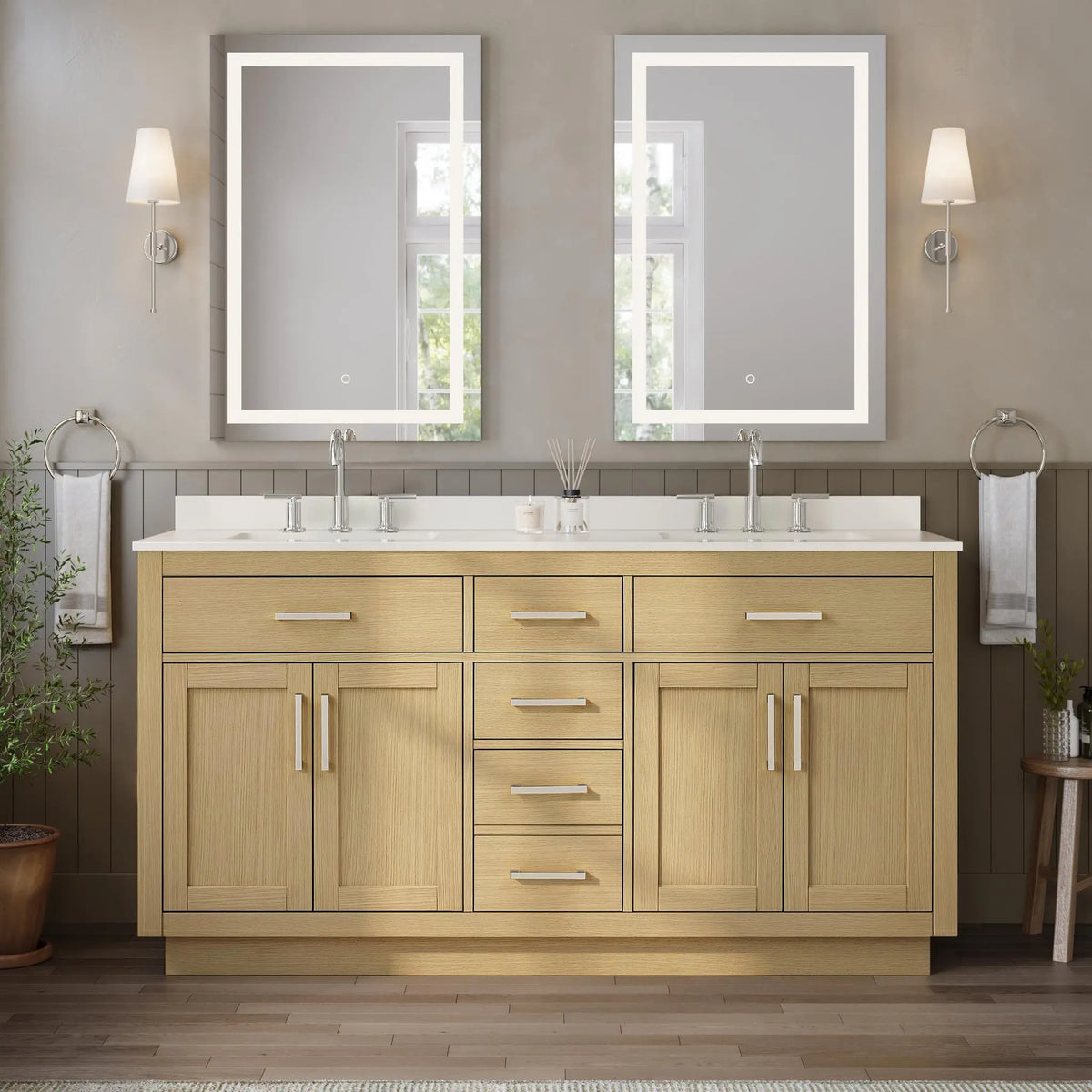 66" Beckett Double Bathroom Vanity with Toe Kick Rift Oak Brushed Nickel Trim by wyndham View 39
